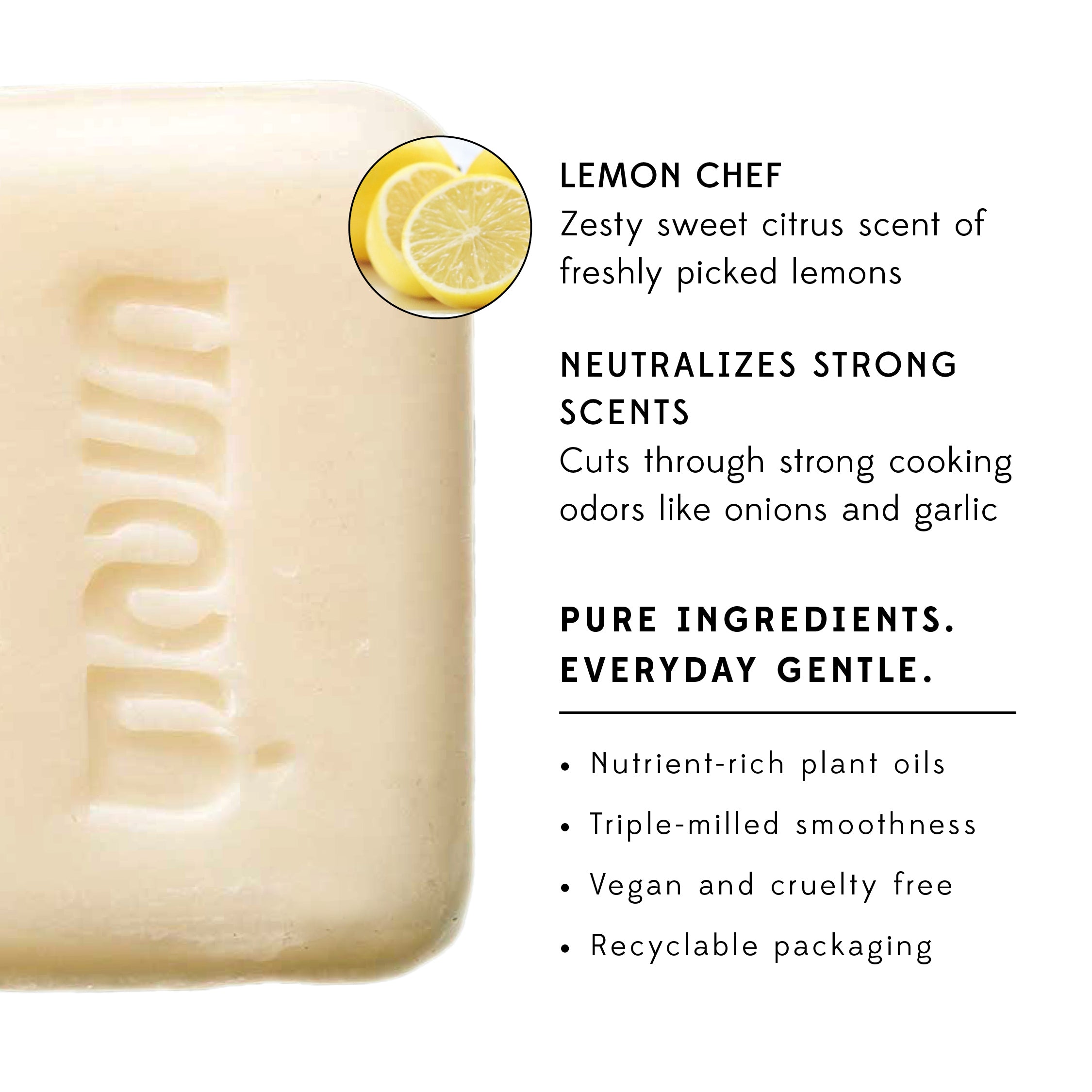 Kitchen countertop with Lemon Chefs Soap and fresh lemons, emphasizing odor removal and freshness