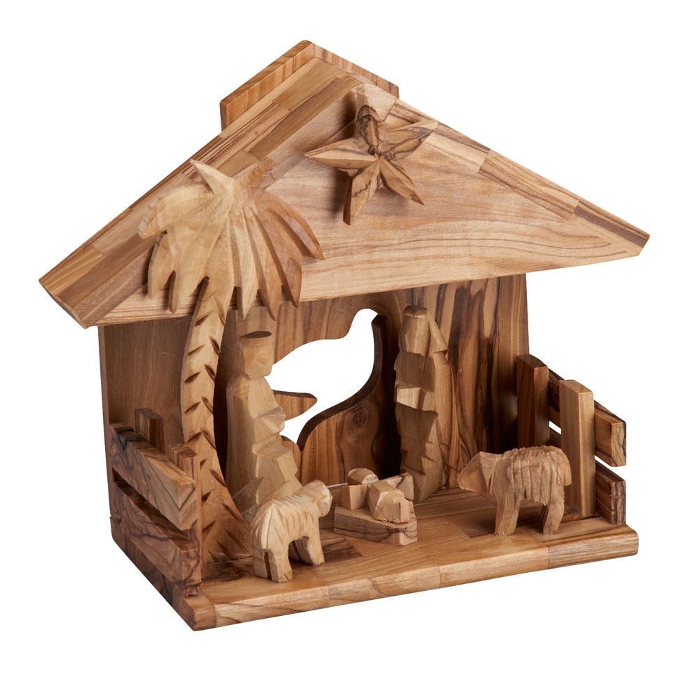 Front view of the olive wood nativity music box showing hand-carved figures and stable roof.