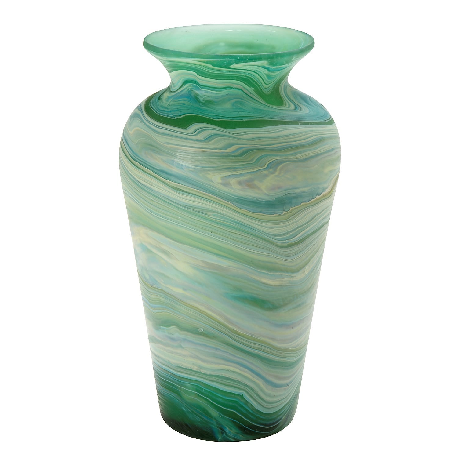 Close-up view of the handcrafted Phoenician glass vase, highlighting its unique swirling patterns.