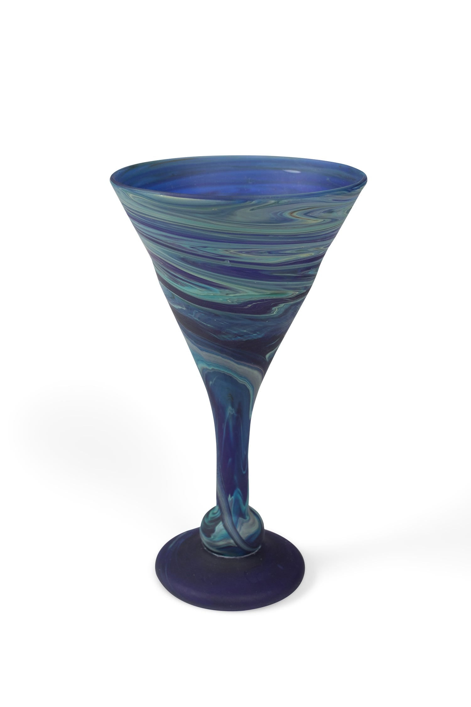 Azure Dream Cocktail Glass showcasing its unique swirl pattern from a side angle.
