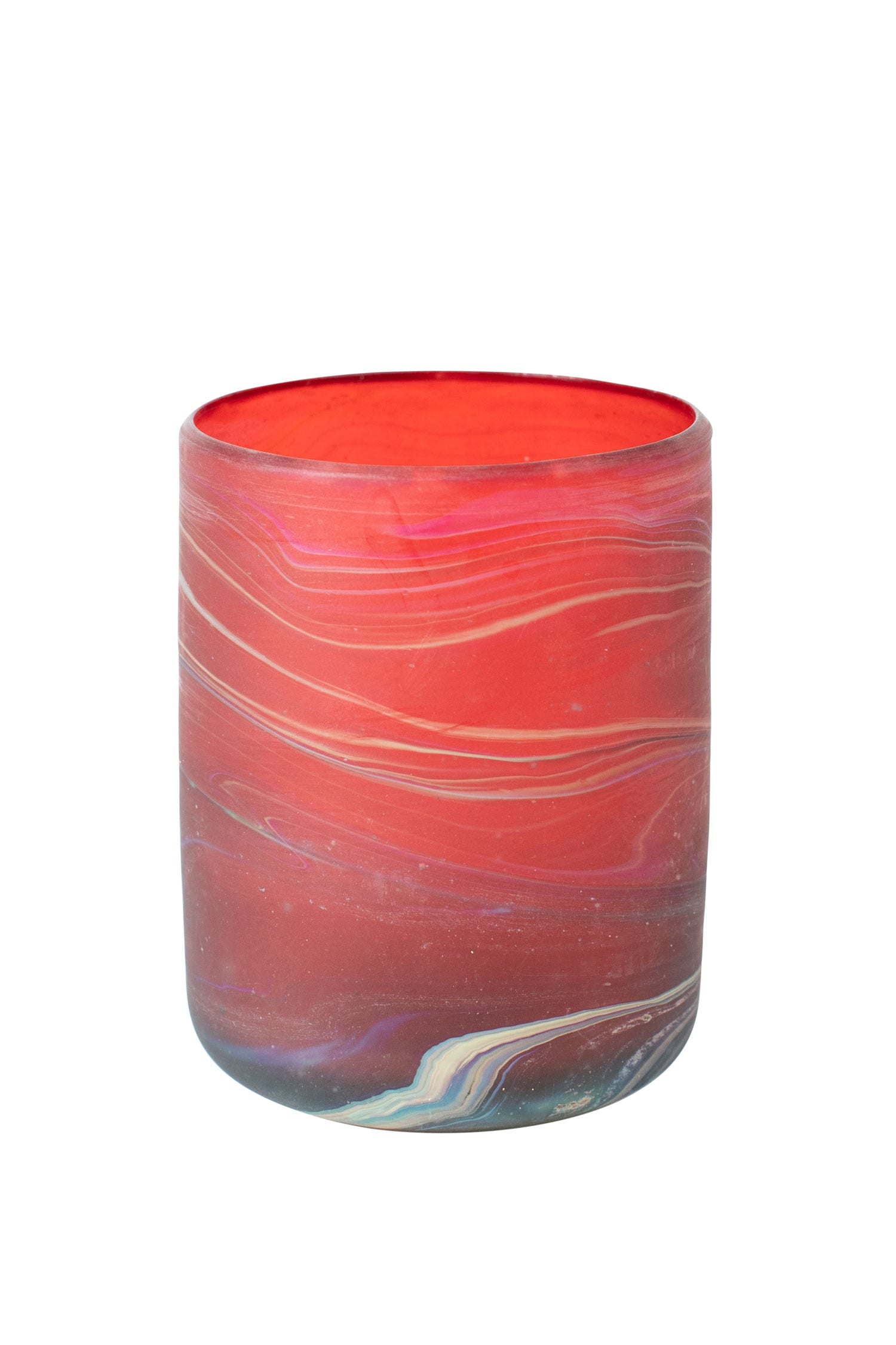 Close-up of handcrafted glass candleholder with colorful swirl design