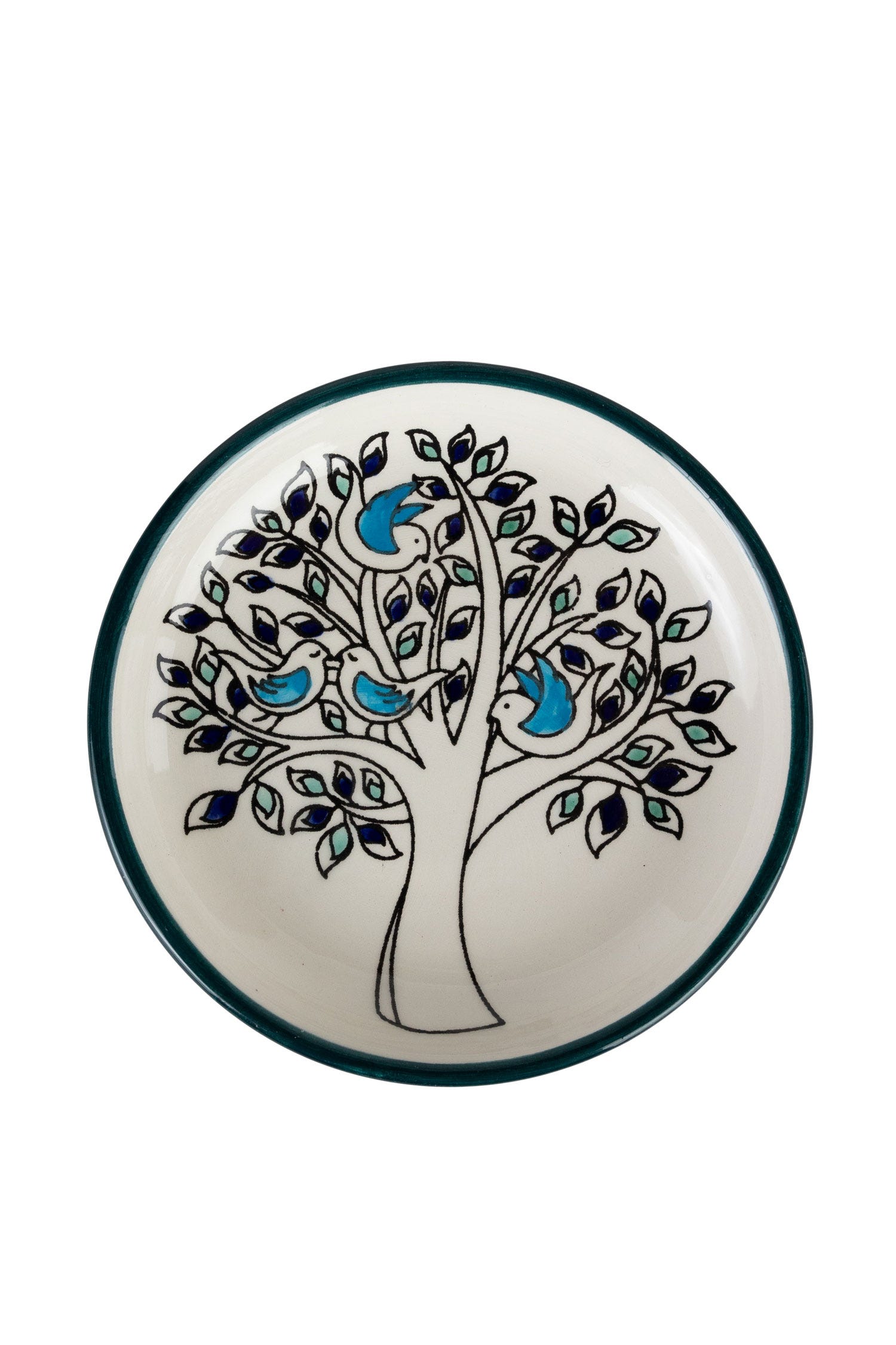 Close-up of the handpainted olive tree design on the ceramic dish