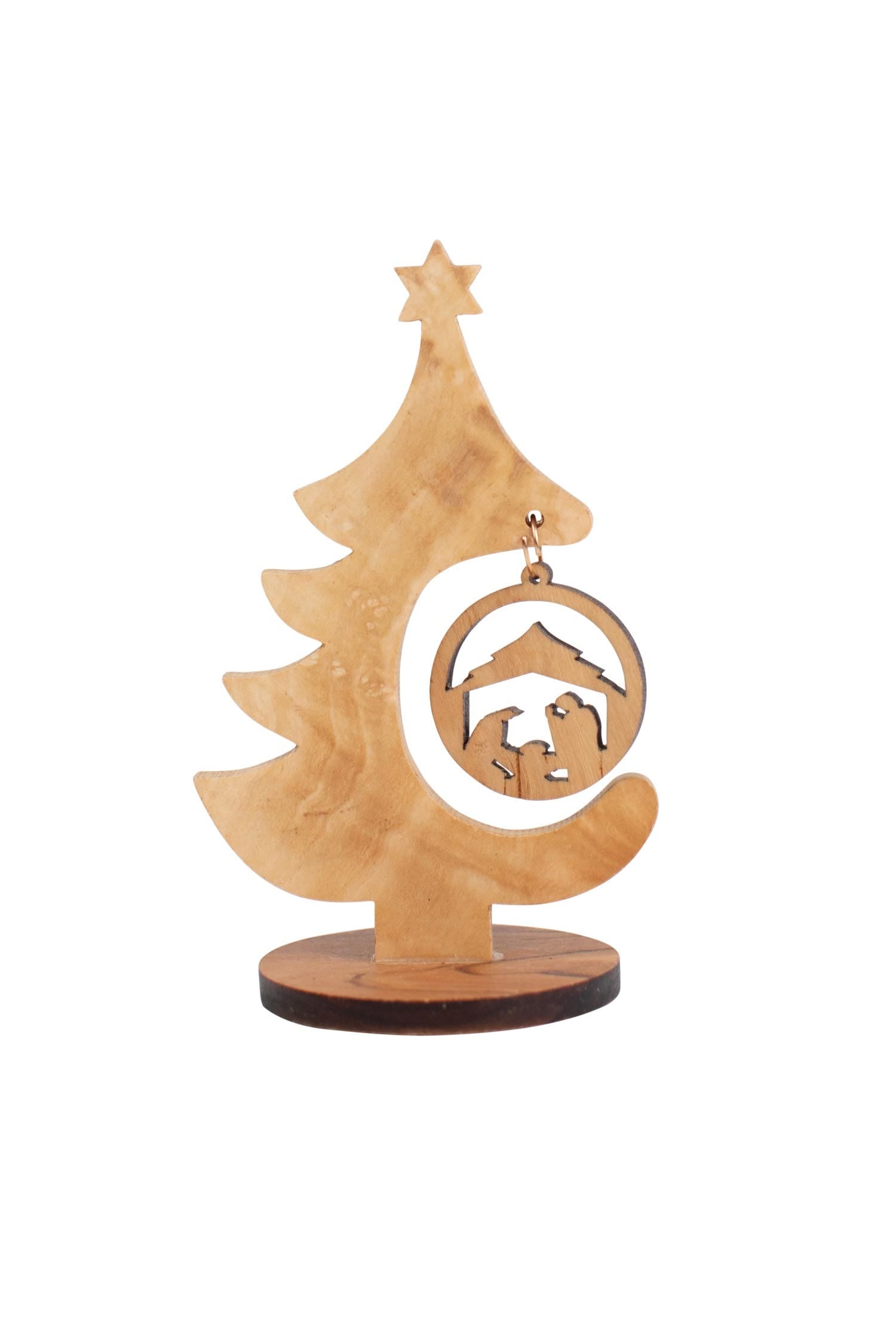 Front view of the hand-carved olive wood Christmas tree nativity set, showing detailed figures inside the tree silhouette.