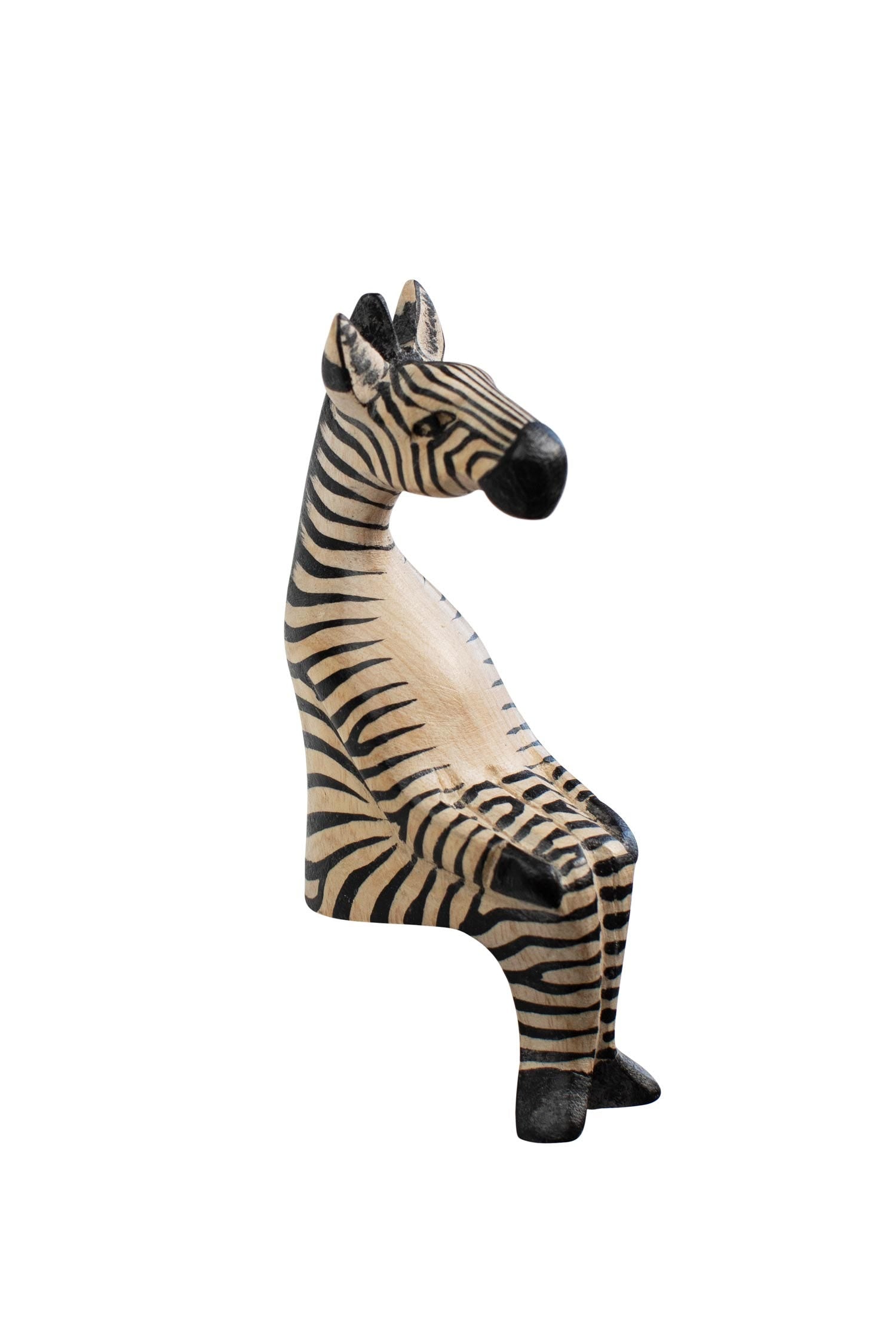 Hand-carved zebra shelf sitter side view for kids' room decor.