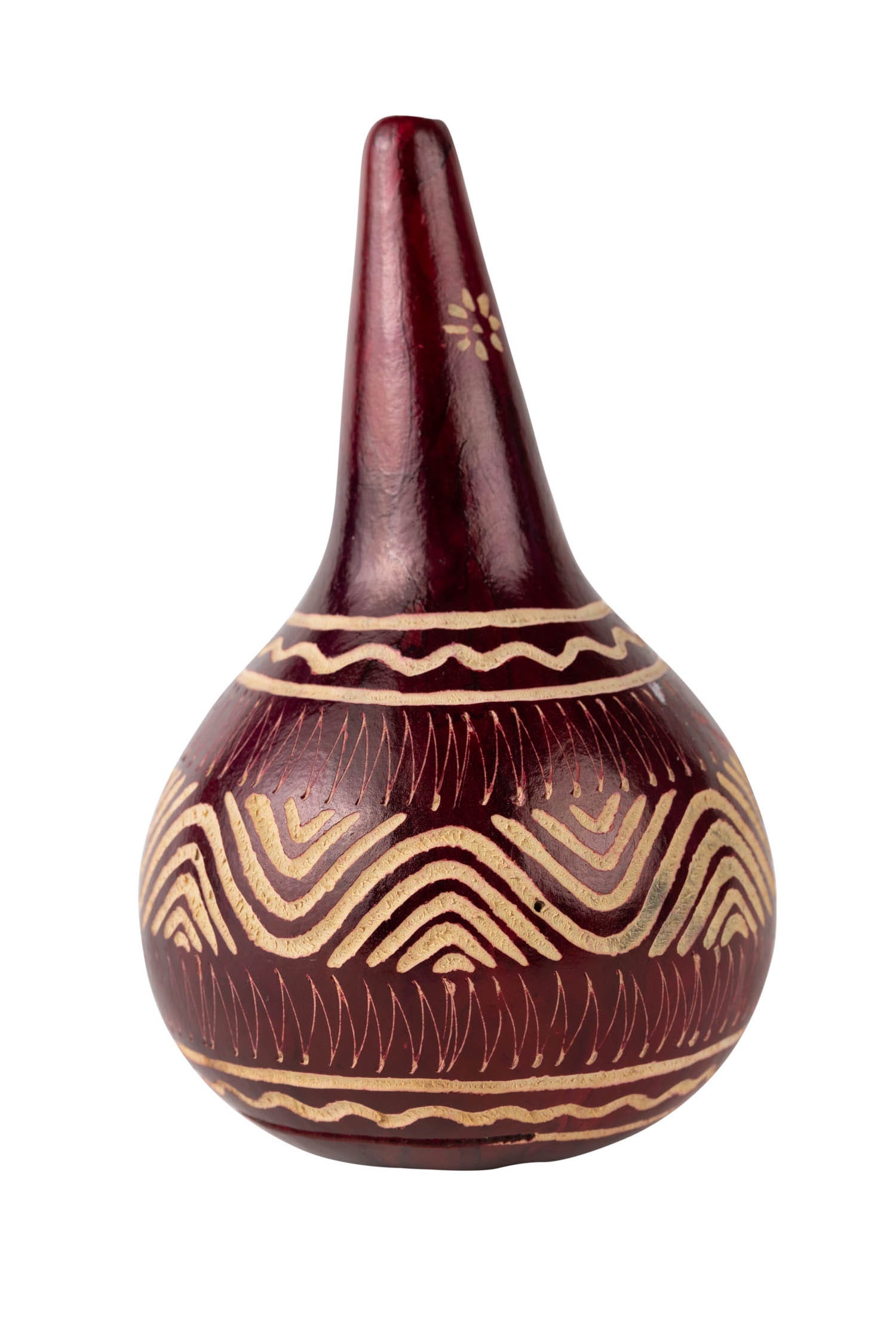 Close-up of hand-painted gourd shaker with colorful designs, ideal for musical jam sessions