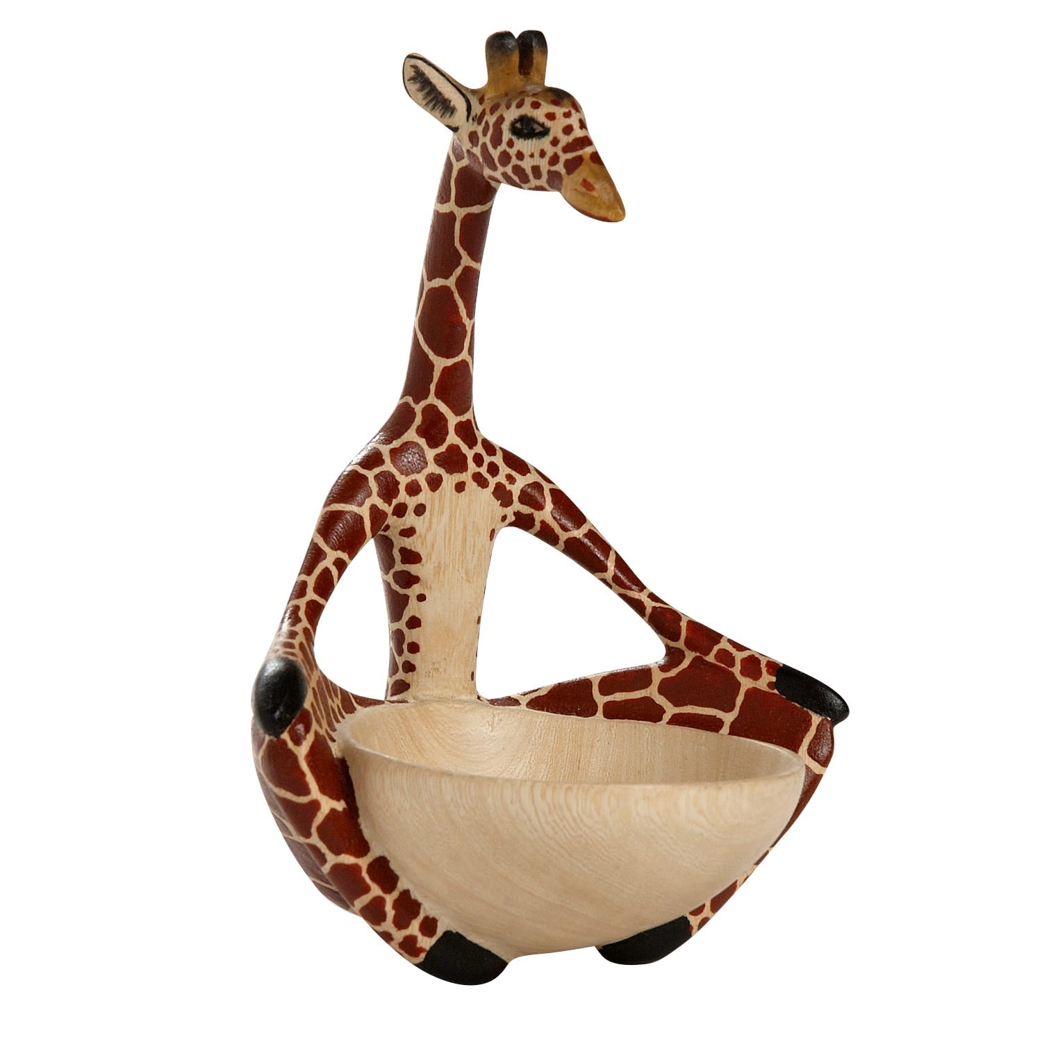 Unique giraffe decorative bowl showcasing intricate carvings and vibrant colors.
