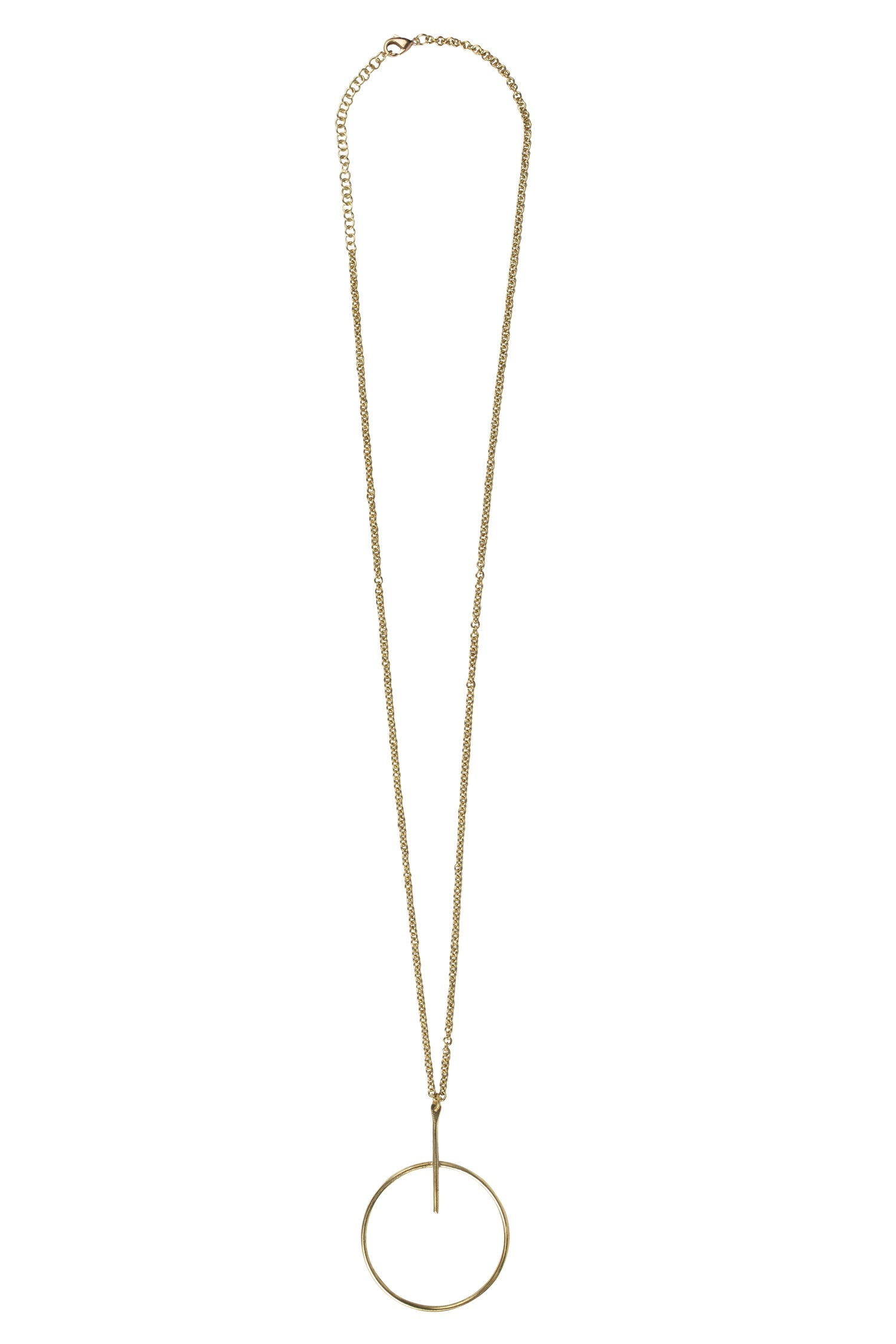 Empower Necklace displayed elegantly on a wooden background, highlighting the brass pendant and chain.