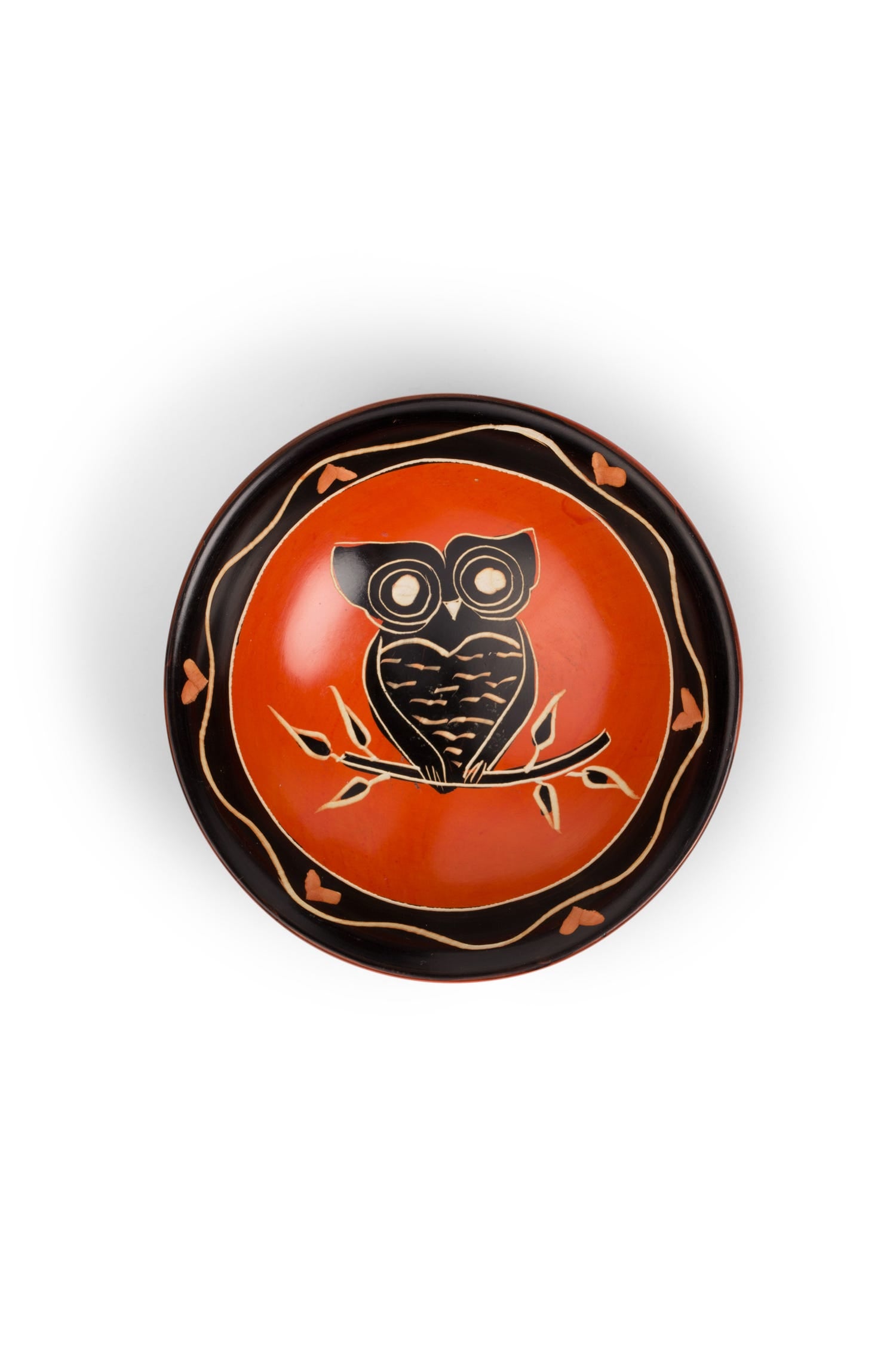Owl ring dish from a top angle, displaying its intricate ceramic design.