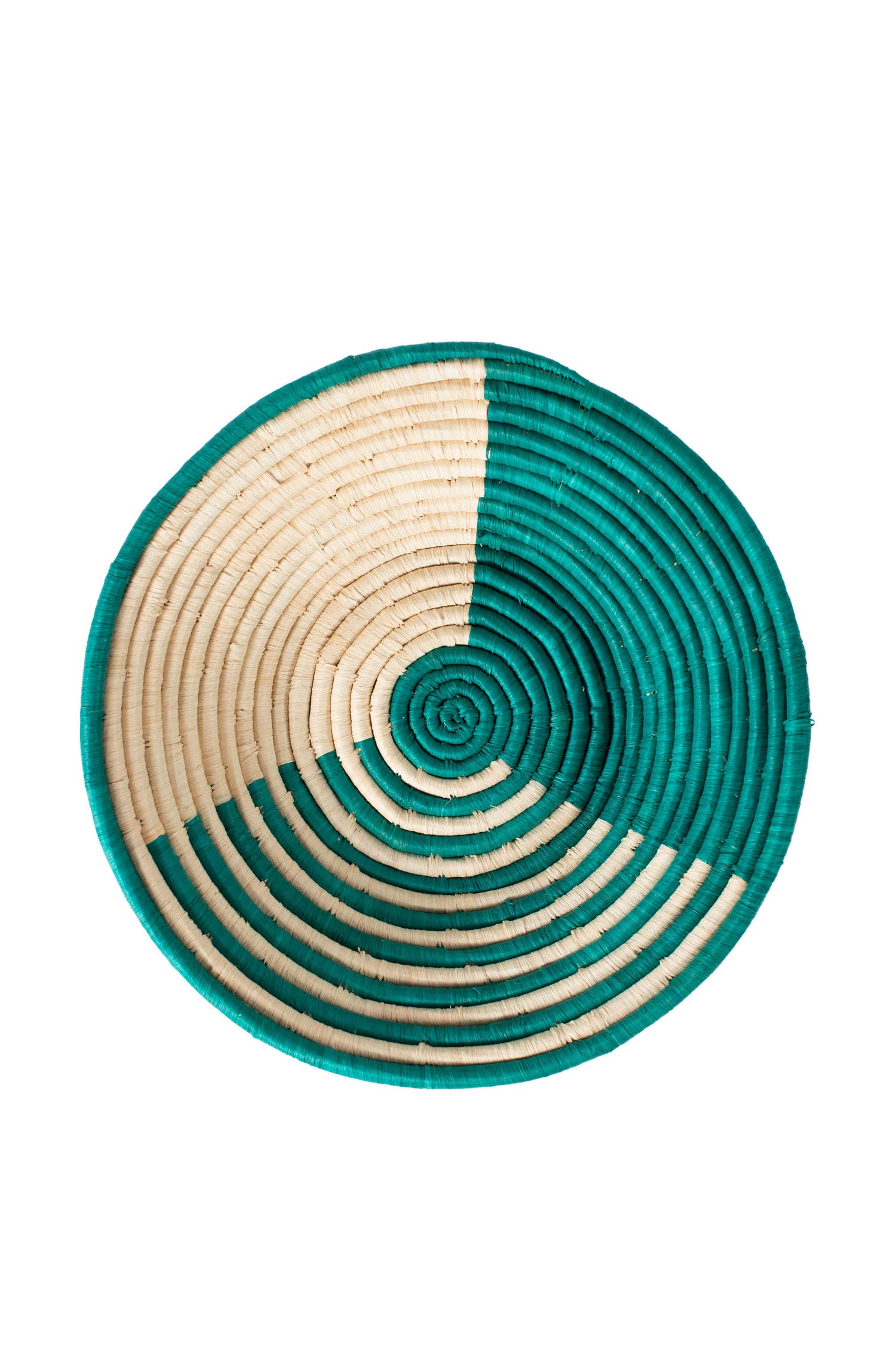 Close-up of the handwoven Ugandan basket showing raffia and banana stalk details, perfect for boho wall decor