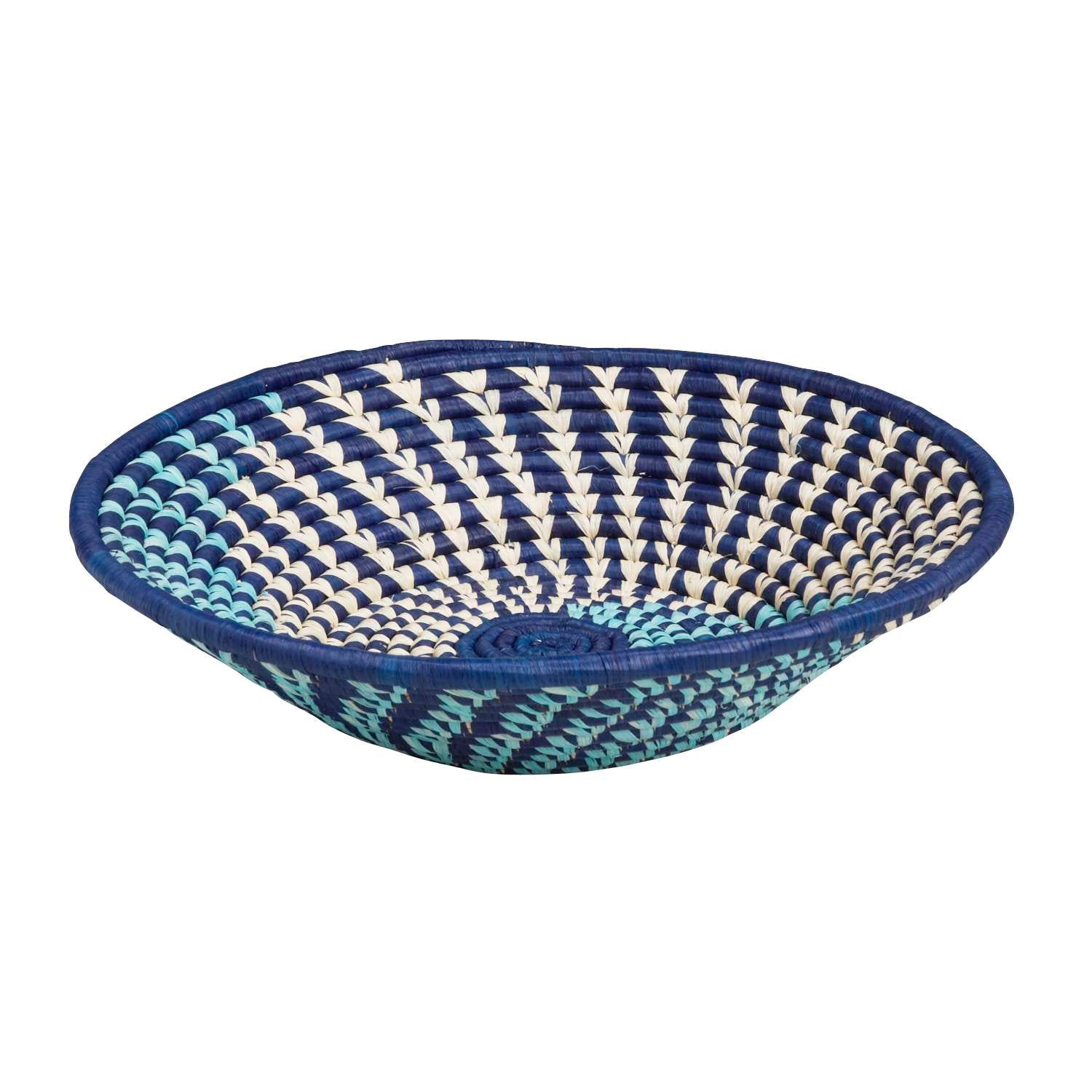 Sky Flight Handcrafted Basket with blue spirals, ideal for decorative storage.