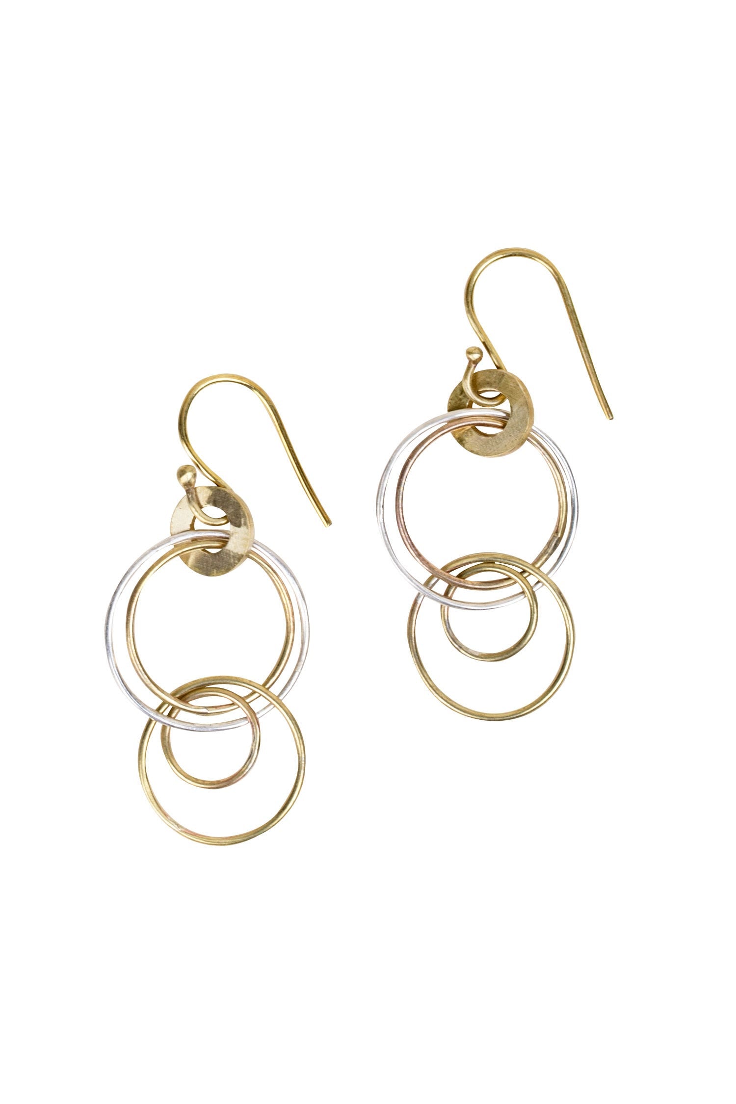 Front view of linked hoop earrings made from sterling silver and upcycled bombshell brass