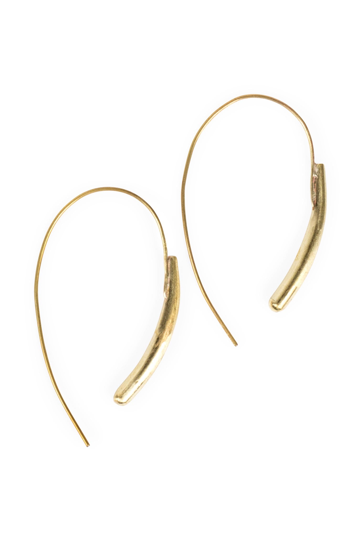 Front view of handmade gold hook earrings with intricate design