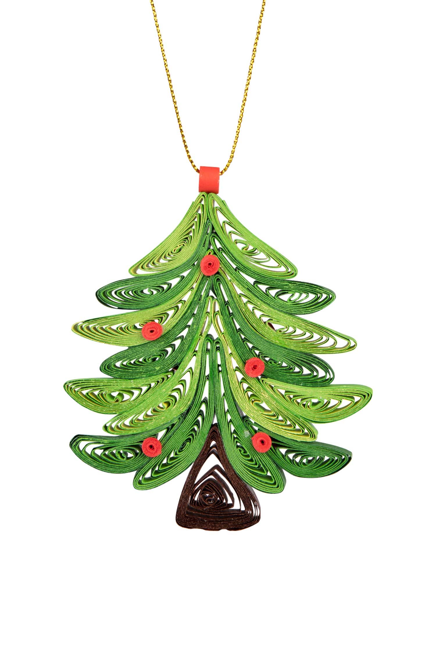 Front view of the Evergreen Quilled Ornament, highlighting its unique patterns.