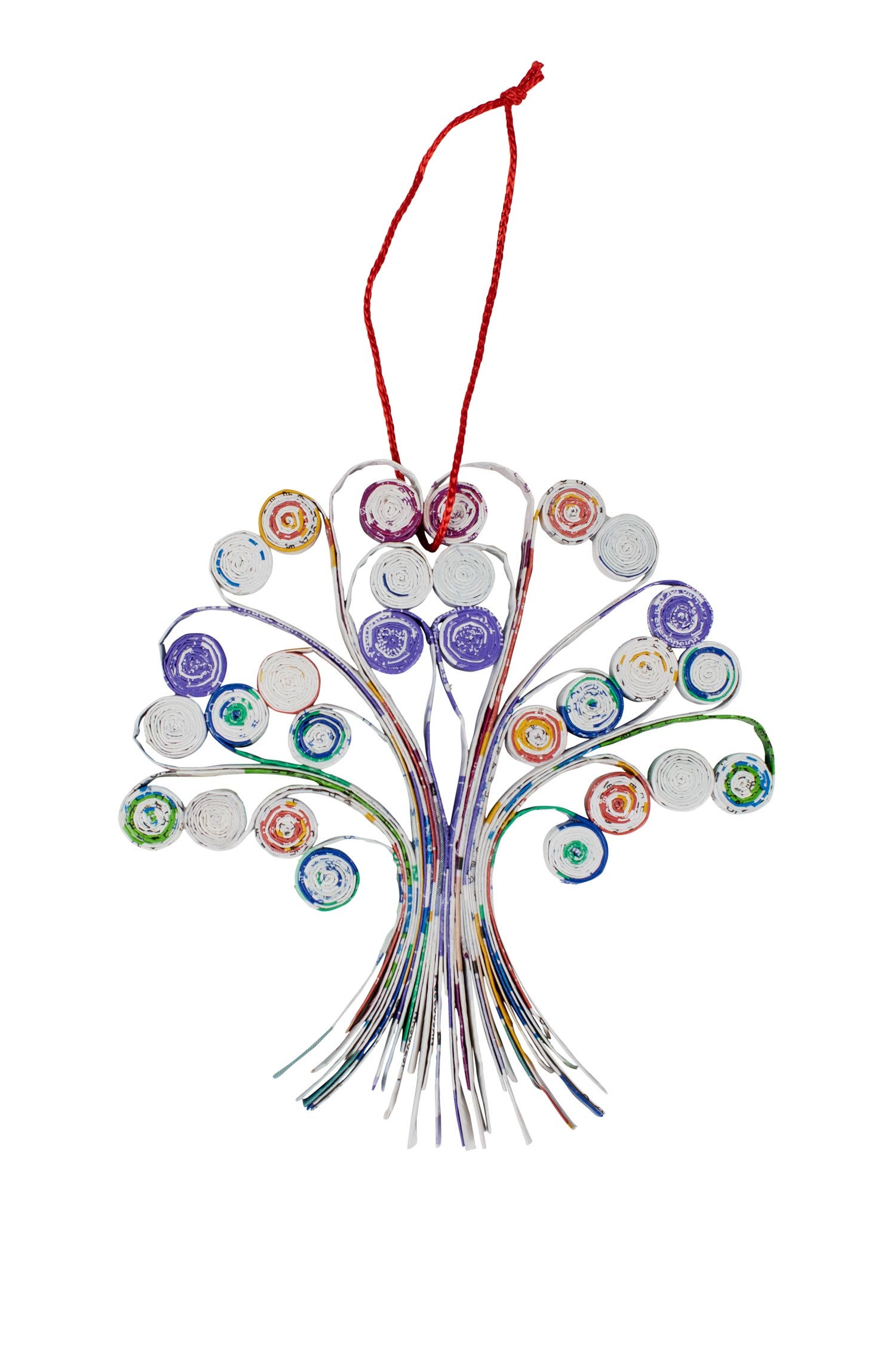 Close-up of eco-friendly artisan paper tree ornament hanging on a Christmas tree.