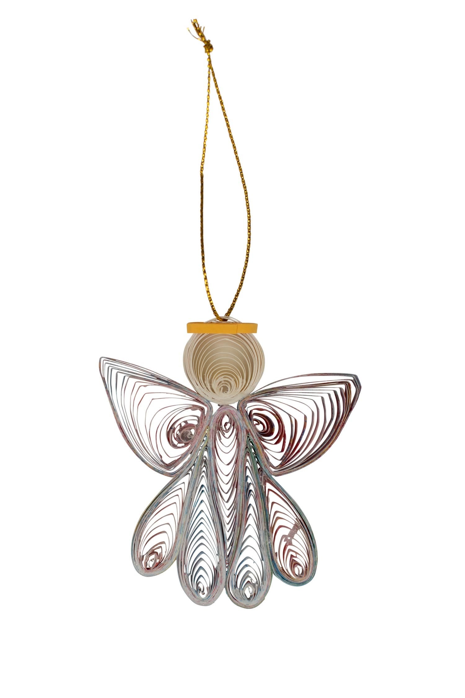 Close-up of quilled ornament showing delicate paper spirals and angel wings