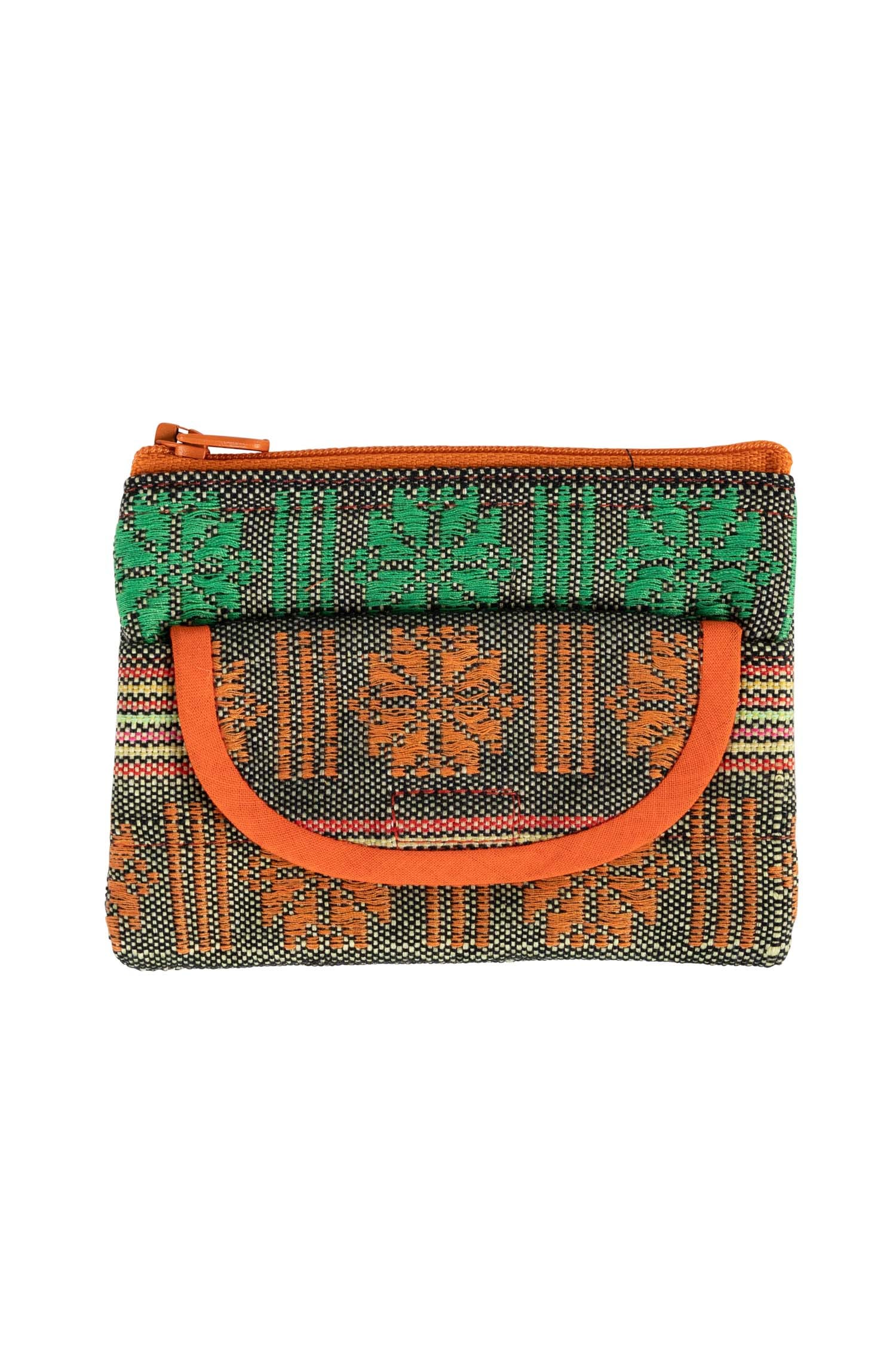 Charming orange jacquard coin purse with a pocket, perfect for shopping.