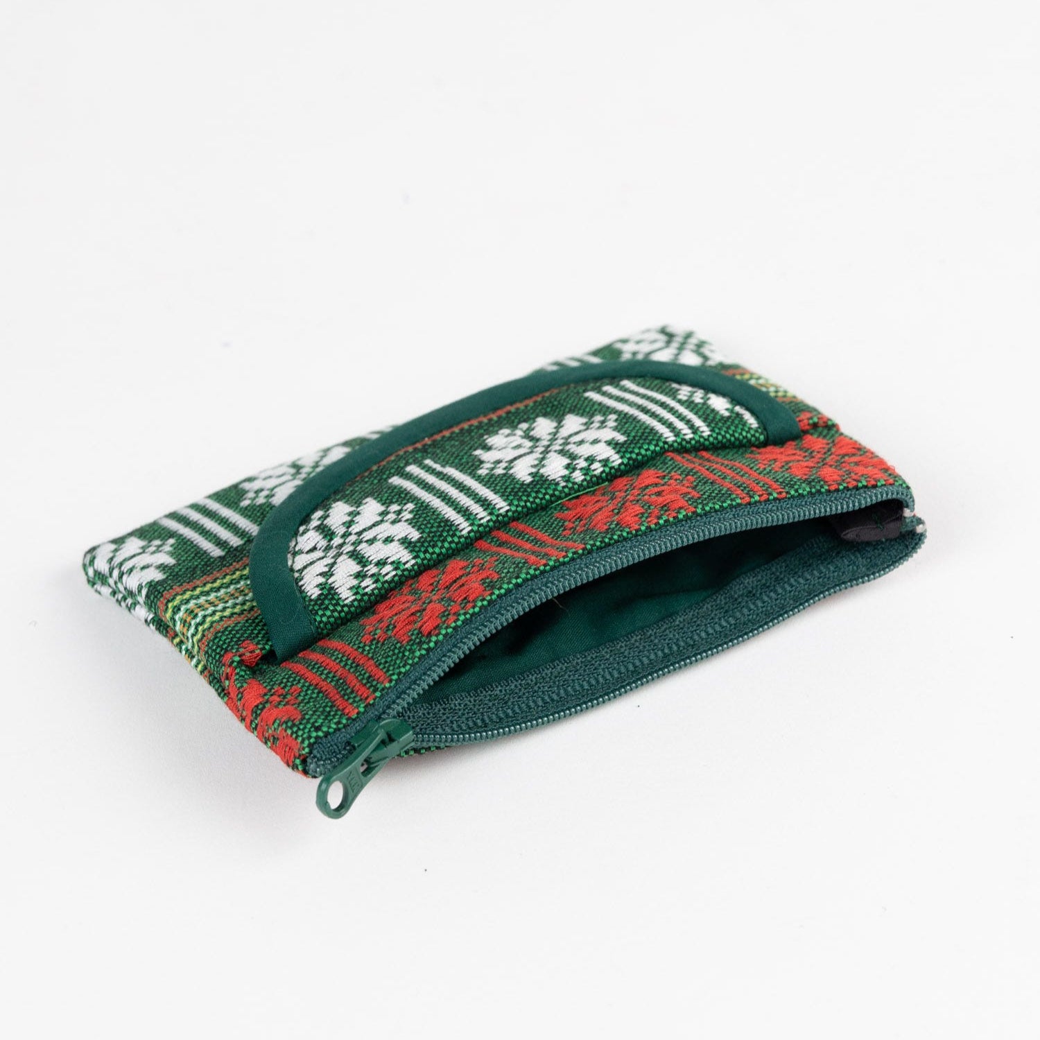 Front view of the chic green jacquard coin purse with pocket, showcasing its stylish design.
