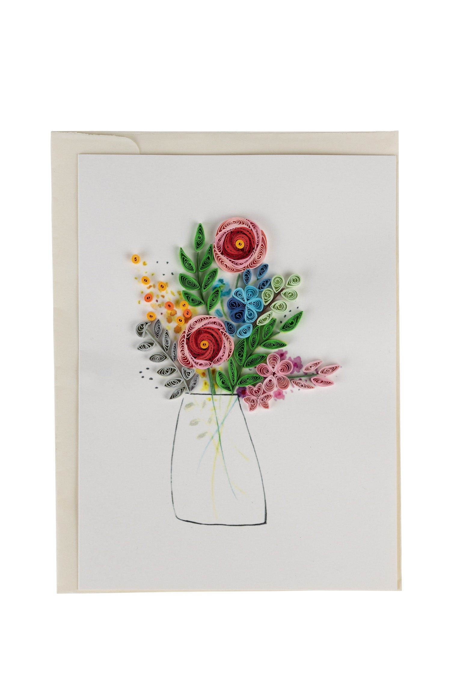 Front view of the charming floral greeting card showcasing its intricate quilled design.