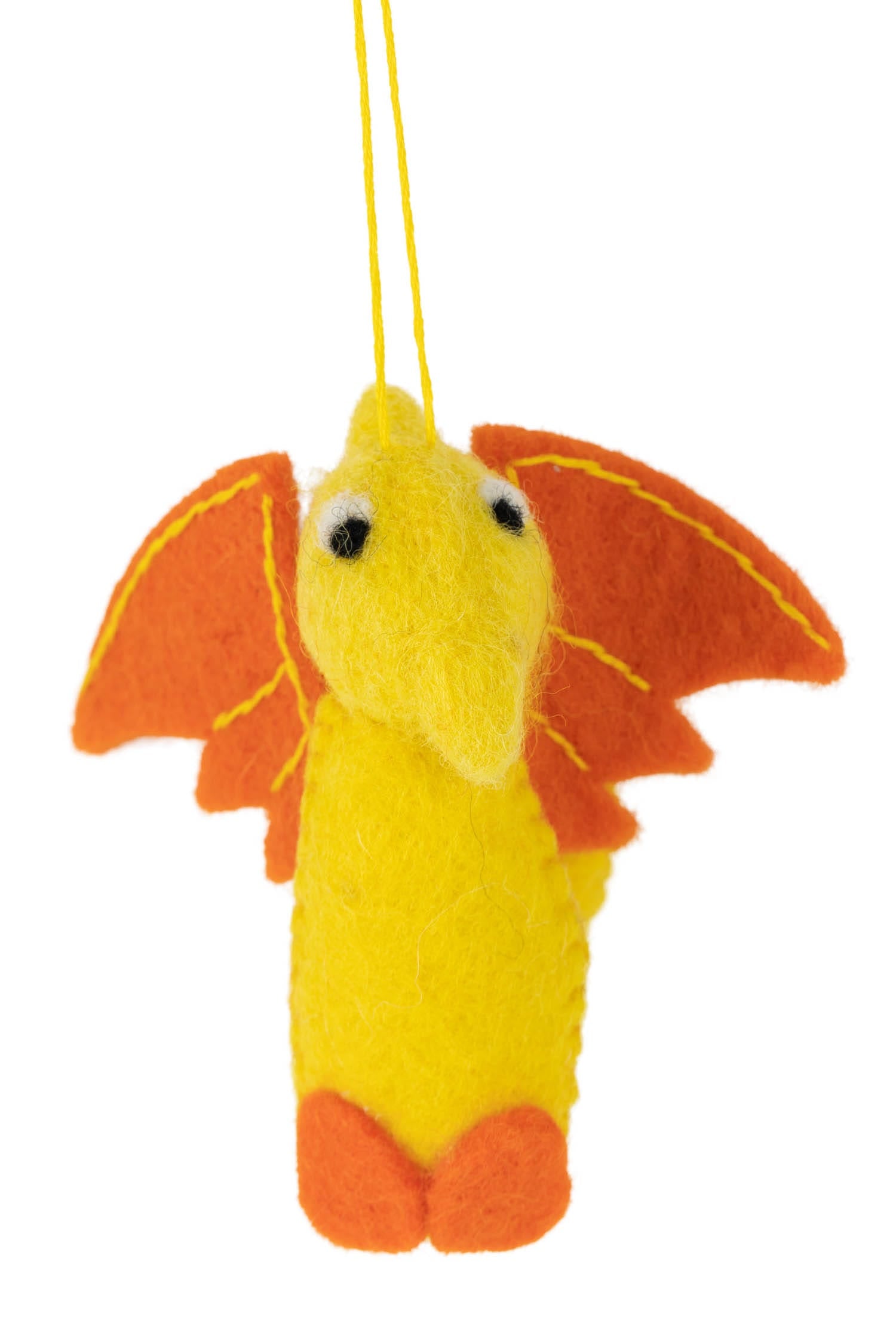 Felt dinosaur ornament hanging from a child's ceiling, adding a whimsical touch to the room.