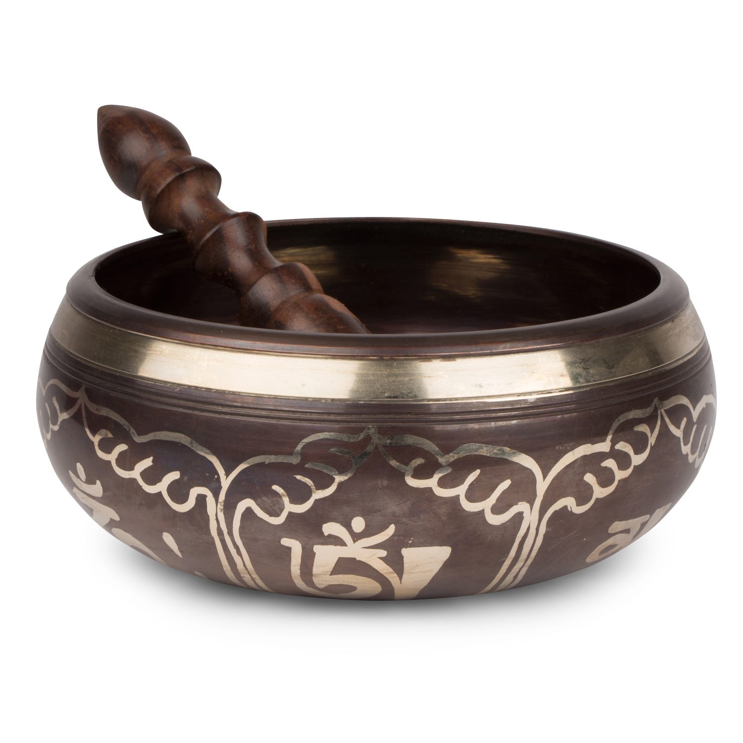 Bronze Tibetan singing bowl with Tibetan symbols for meditation and mindfulness