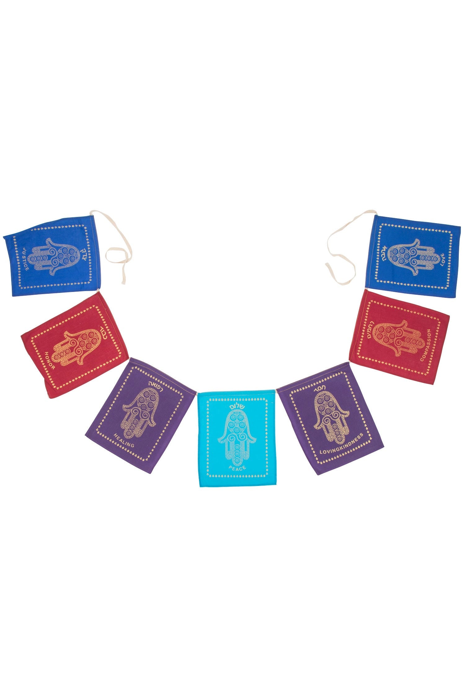 Close-up of a handmade Hamsa garland with intricate details, ideal for spiritual decor in Jewish homes