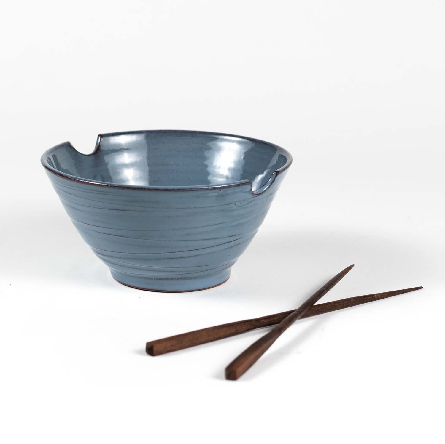 Handcrafted blue terracotta bowl with two grooves for chopsticks