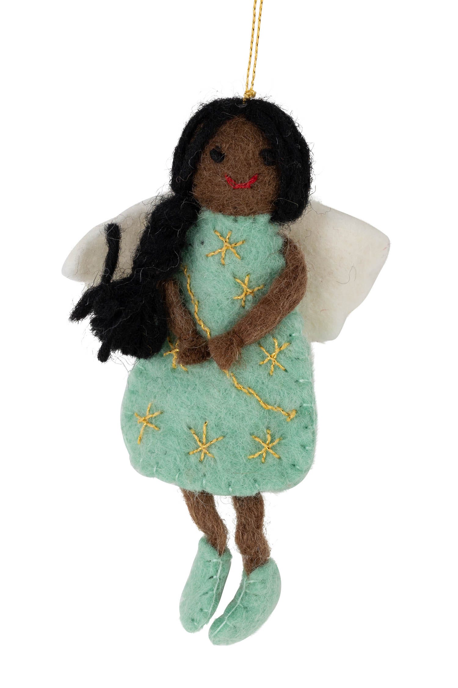 Artisan felt angel ornament displayed on a Christmas tree.