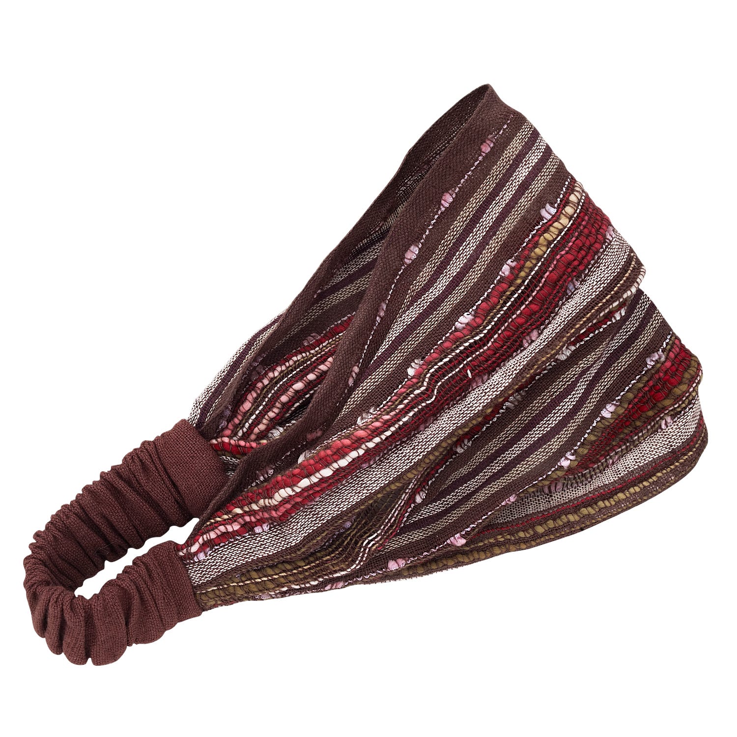 Cotton festival headband worn at a summer festival, showcasing its stretchy design and vibrant colors.