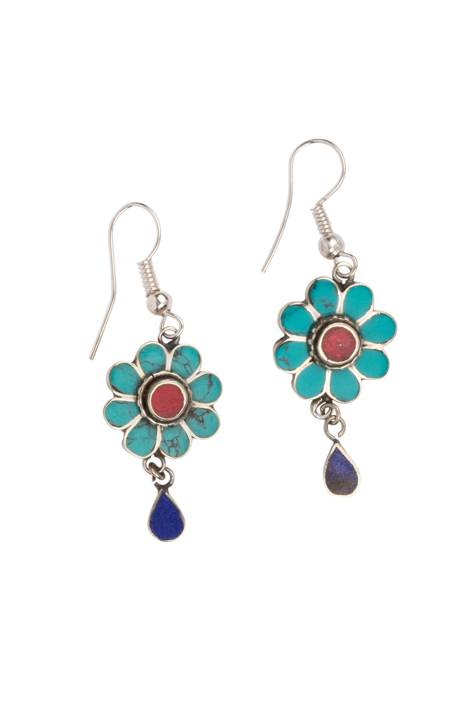 Close-up of Blooming Raindrop Artisan Earrings highlighting intricate floral patterns.