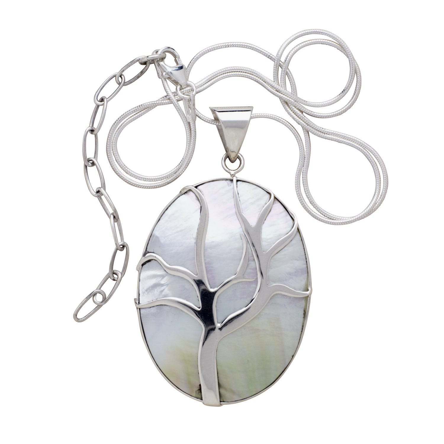 Close-up of the luminous mother of pearl pendant highlighting the intricate tree carving