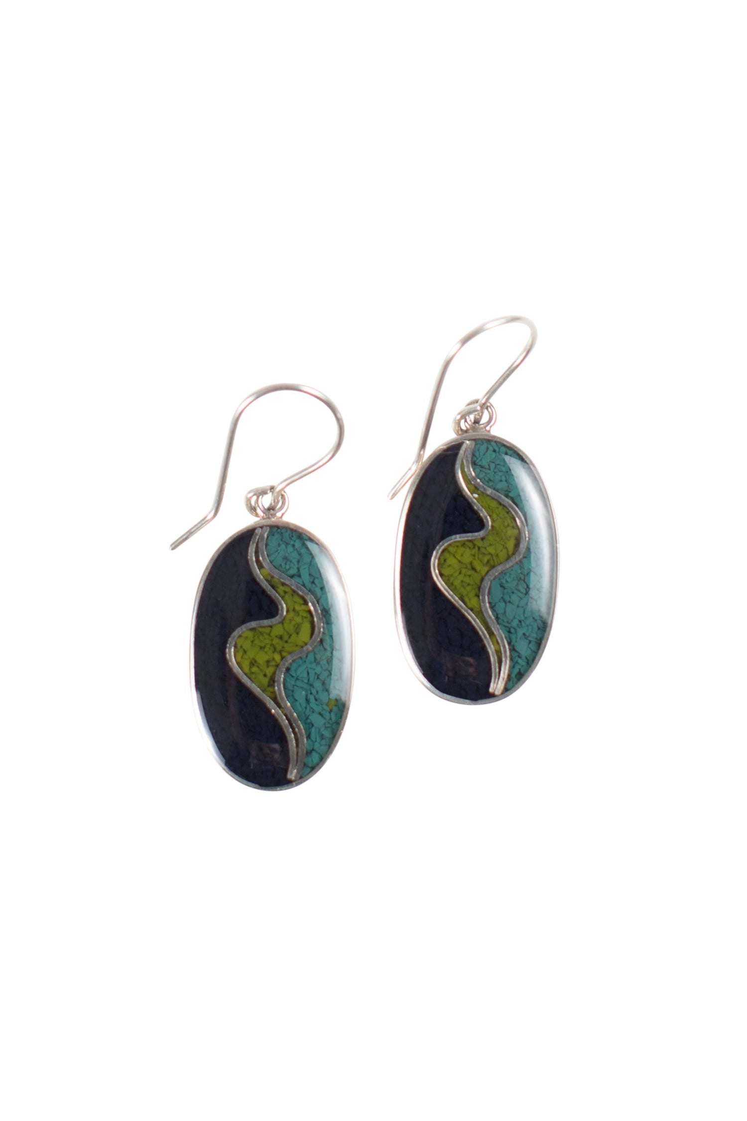 Close-up of Oceanic Charm artisan earrings showcasing vibrant blue and green resin.