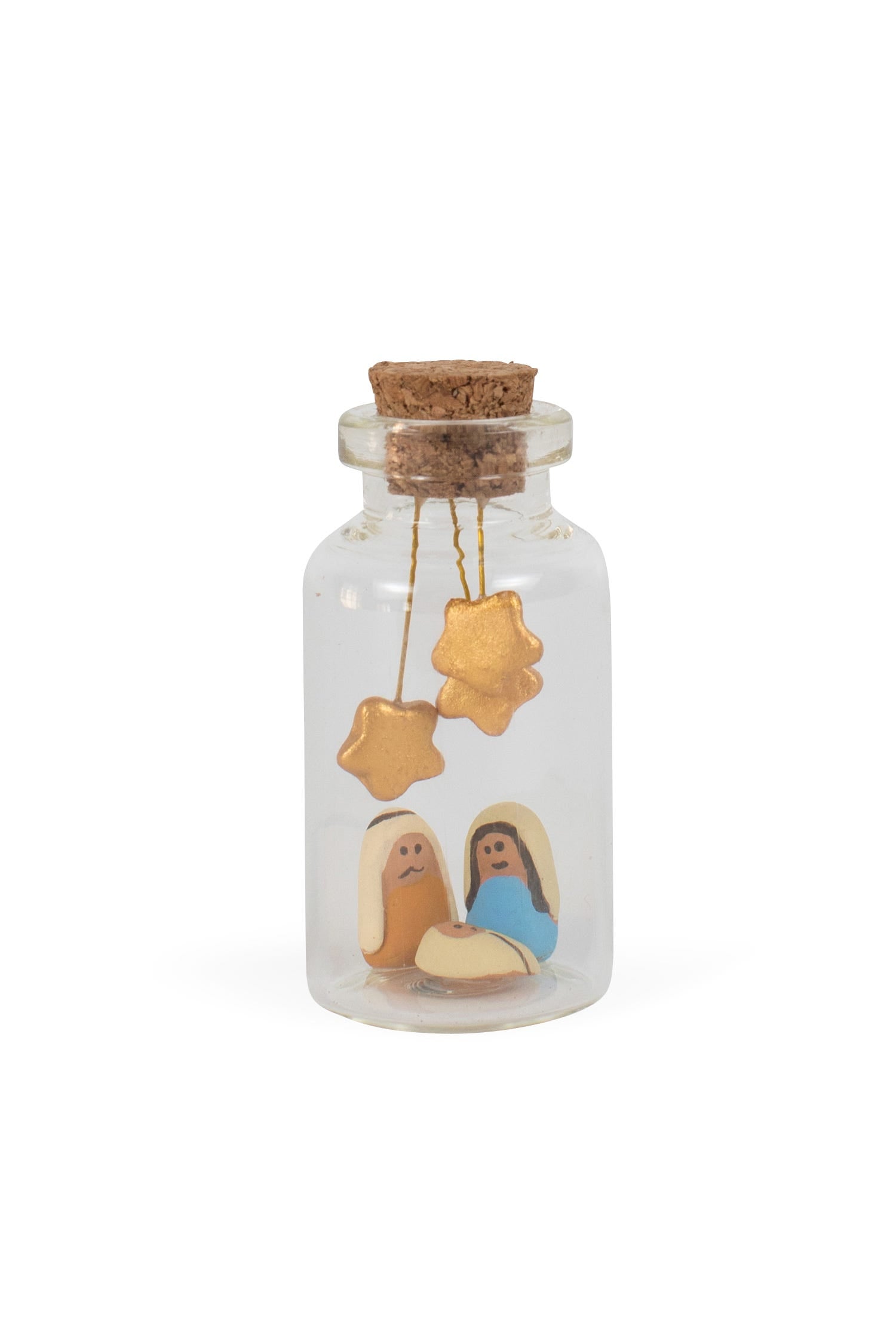 Close-up of a hand-painted nativity figurine with gold stars from Peru