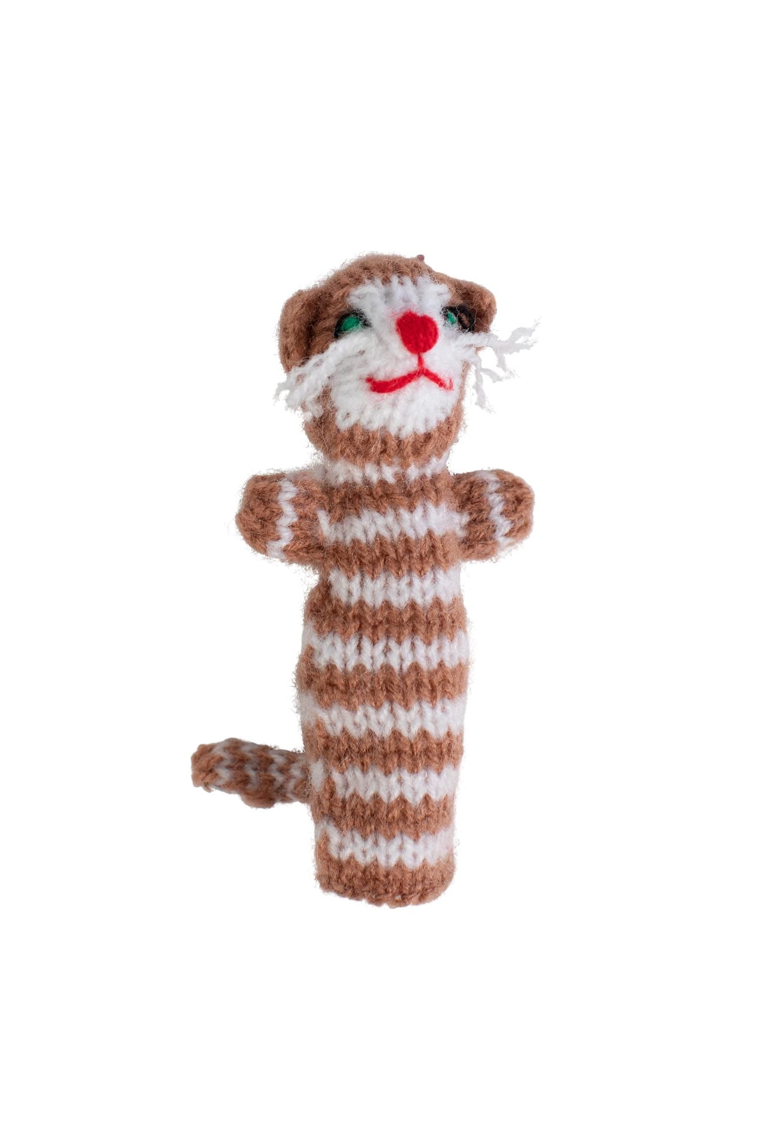 Hand-knit striped tabby cat finger puppet showcasing its playful design.