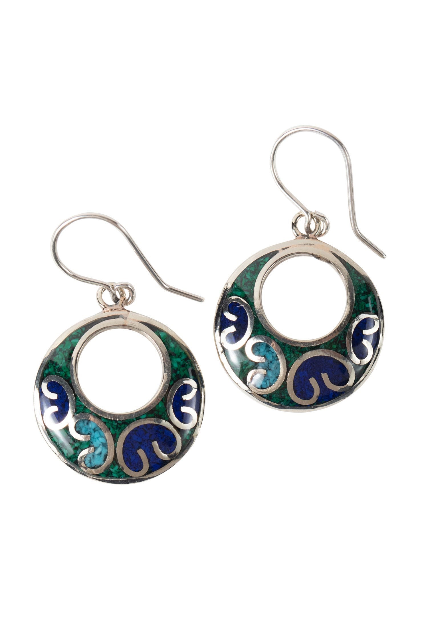Close-up view of Midnight Mosaic Resin Earrings showcasing intricate alpaca metal designs.