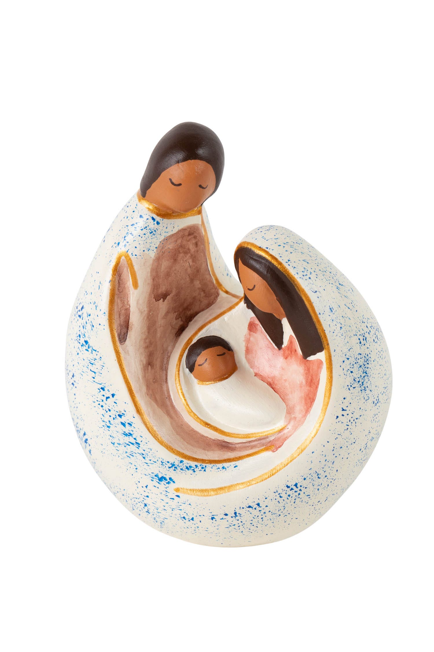 Close-up of handcrafted ceramic nativity scene on mantel decor