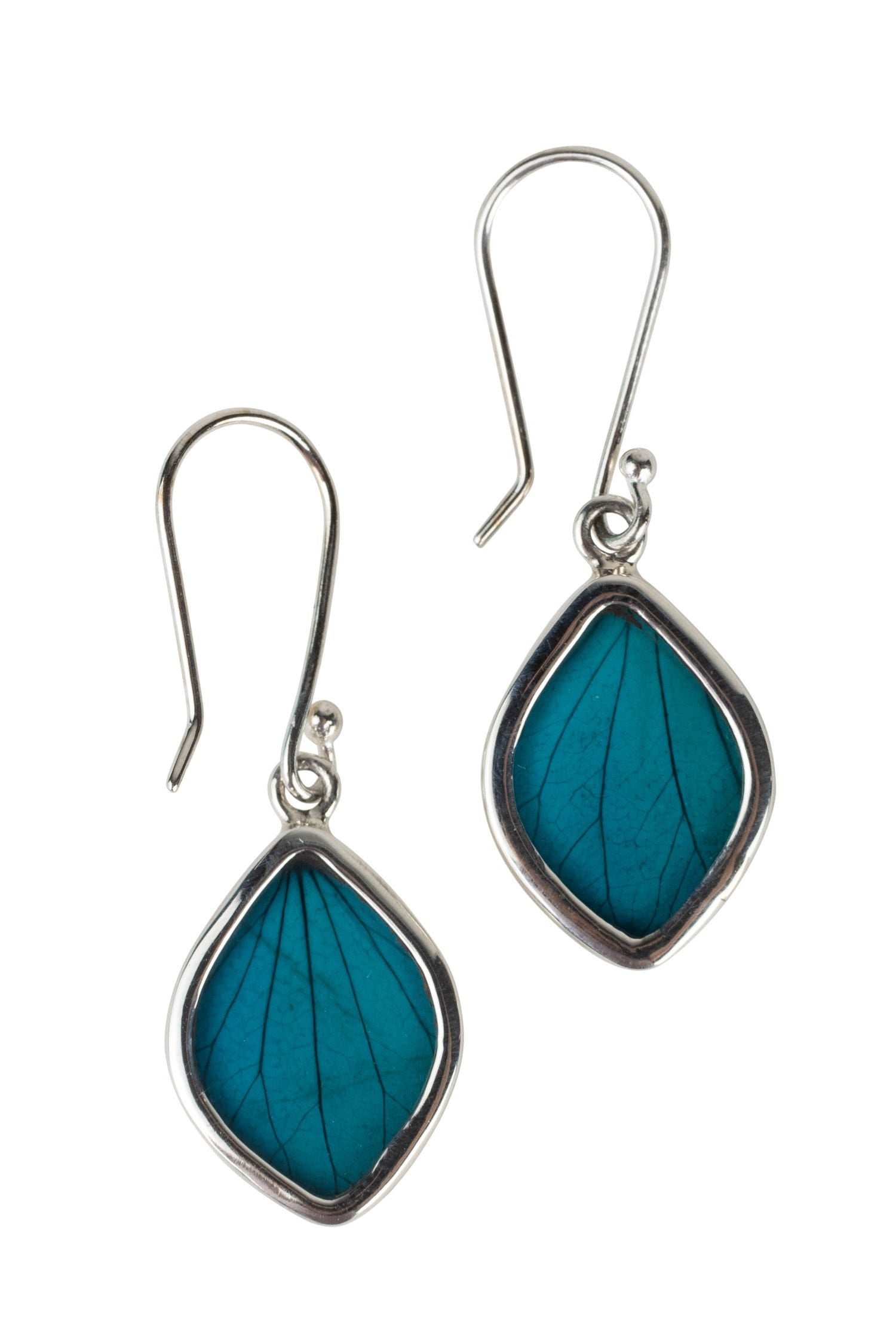 Close-up of sterling silver earrings with real blue flower petals encased in glass