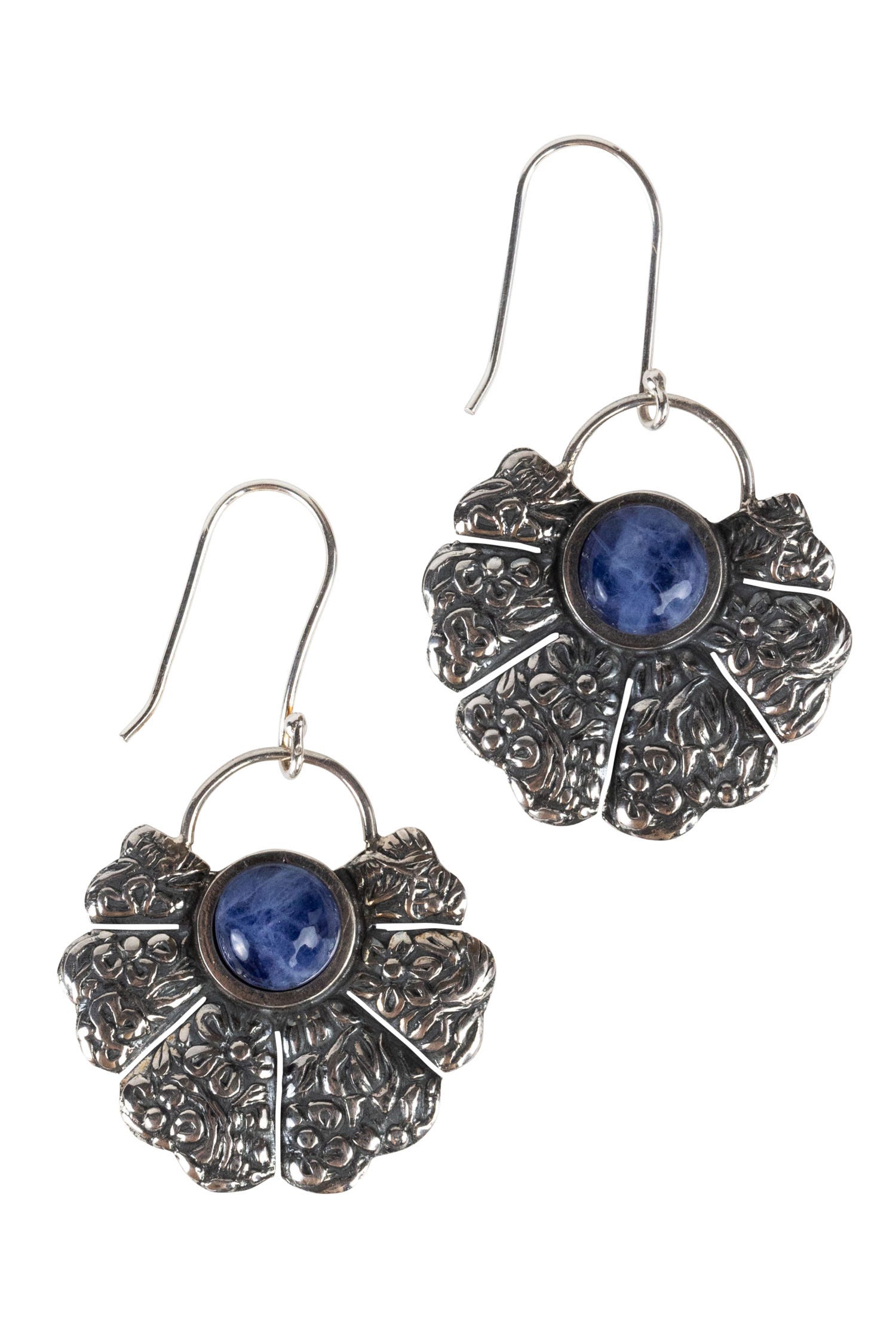 Close-up of artisan sterling silver fan earrings showcasing navy sodalite