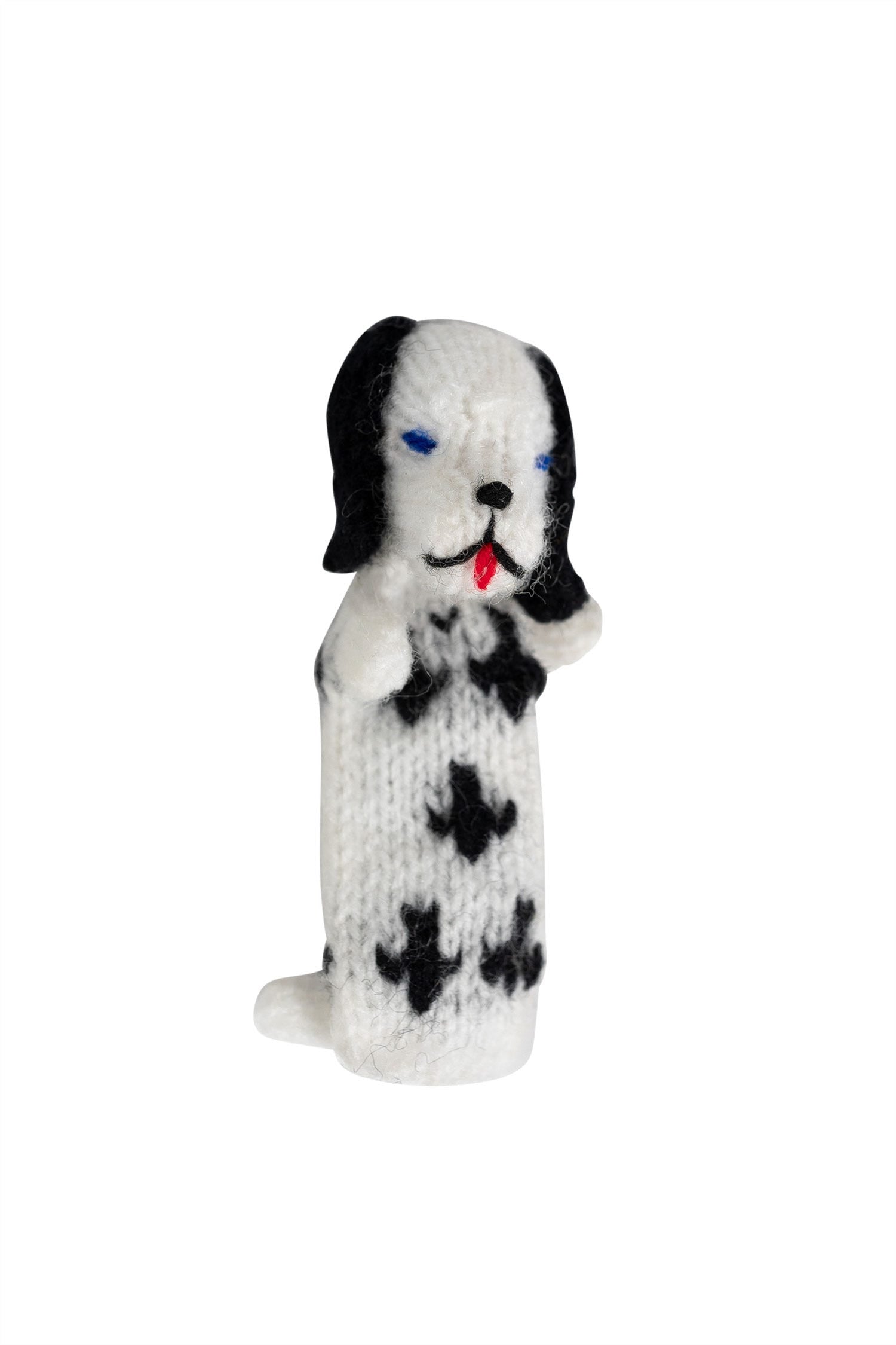 Handmade alpaca wool dog finger puppet with cheerful expression, ideal for toddler play
