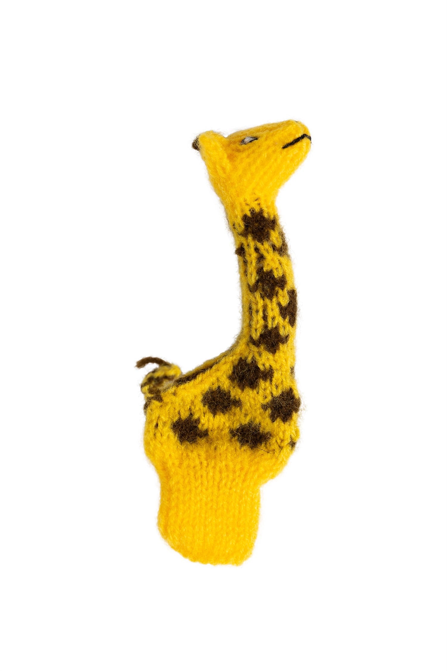Colorful fuzzy giraffe hand puppet being held by a child during imaginative play.