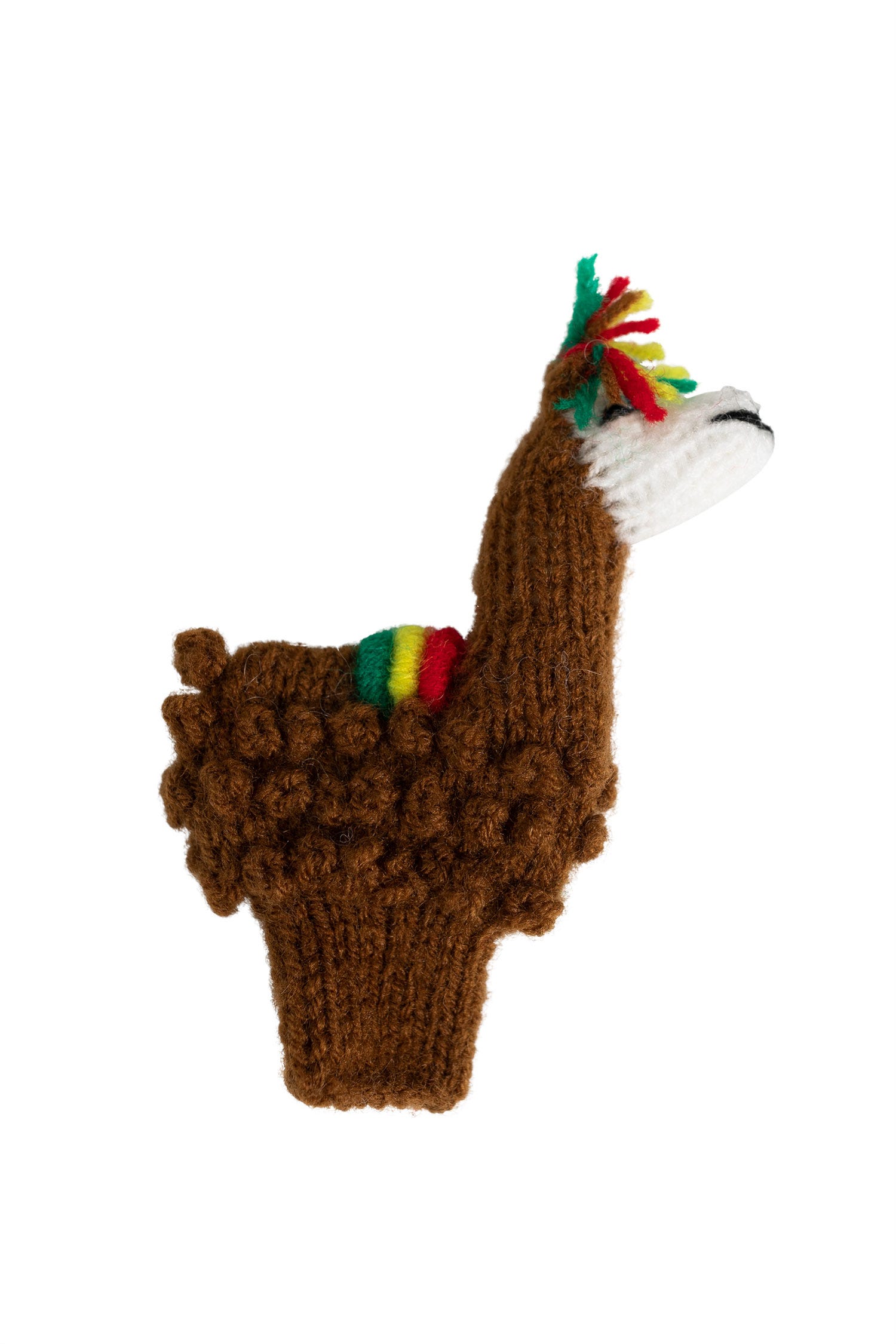 Fuzzy llama finger puppet for toddlers in a colorful play setting.