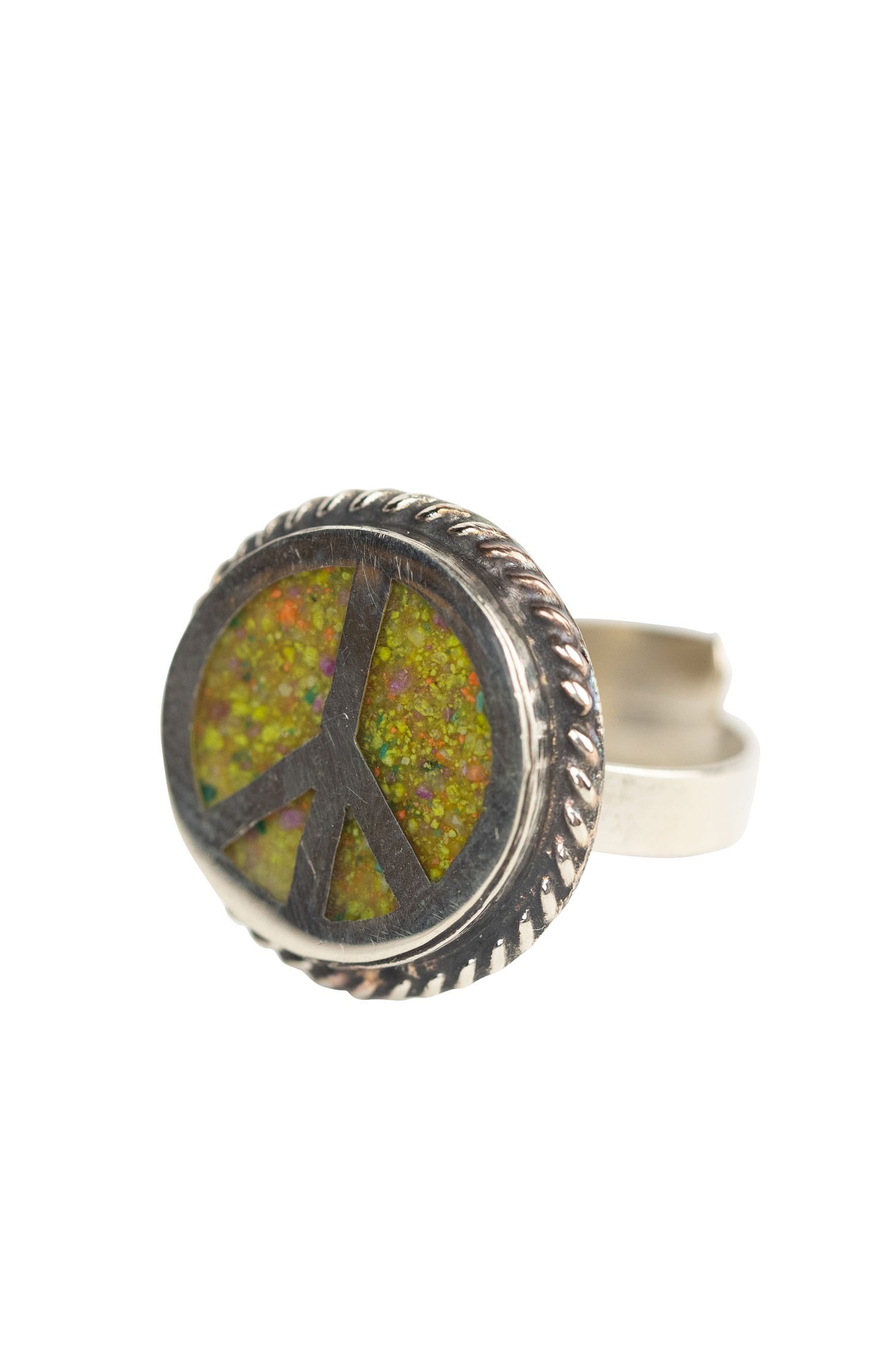 Close-up of the adjustable peace sign ring showcasing its unique design