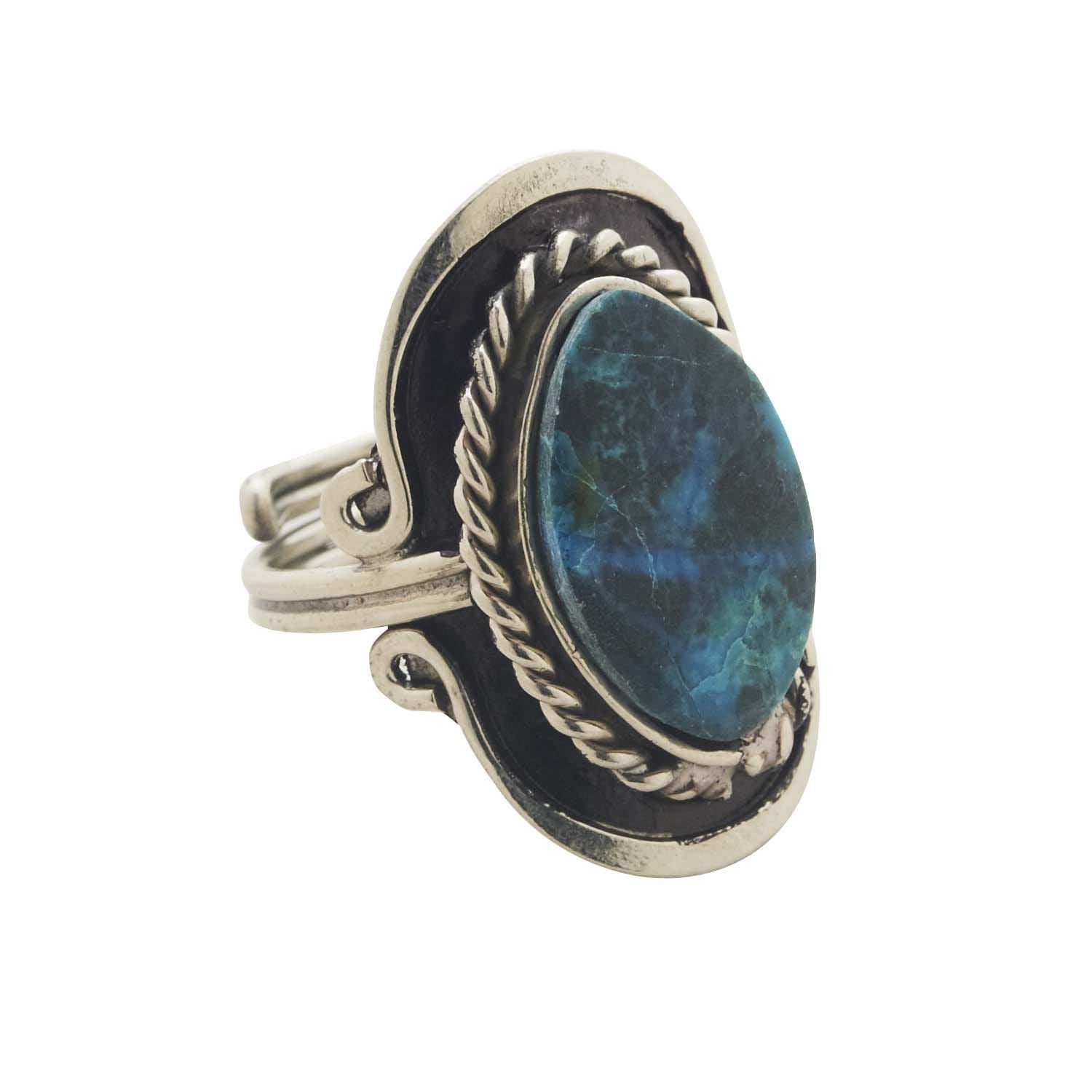 Chrysocolla Elegance Ring from a side angle showcasing its intricate design and Peruvian turquoise