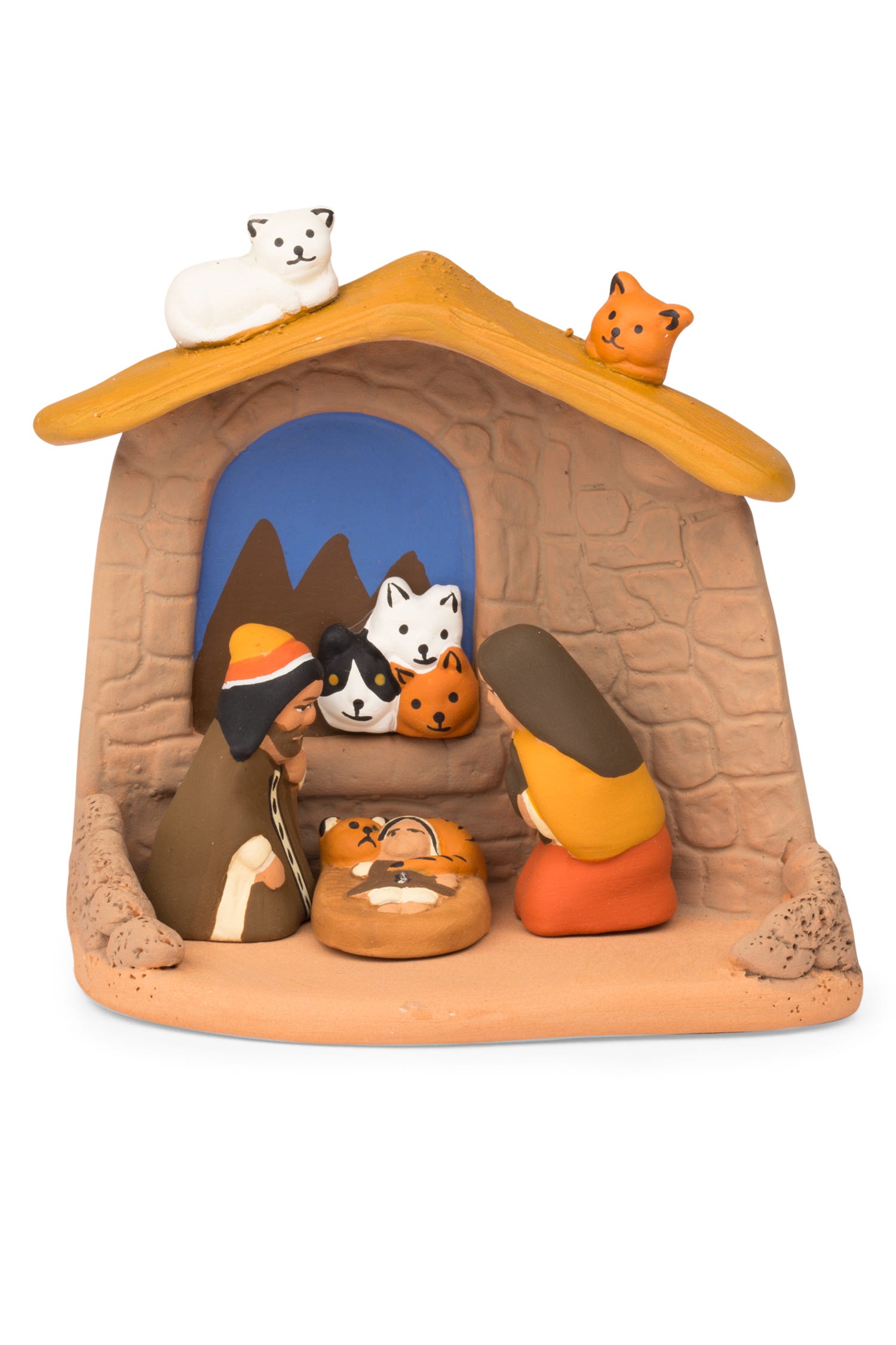Close-up of handpainted ceramic cat nativity scene displaying intricate detailing