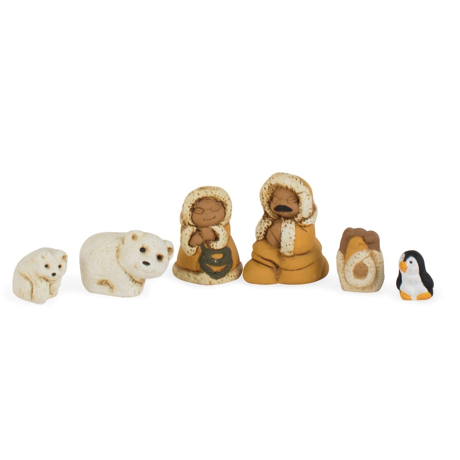 Hand-painted ceramic nativity scene with Arctic family, perfect for Christmas display