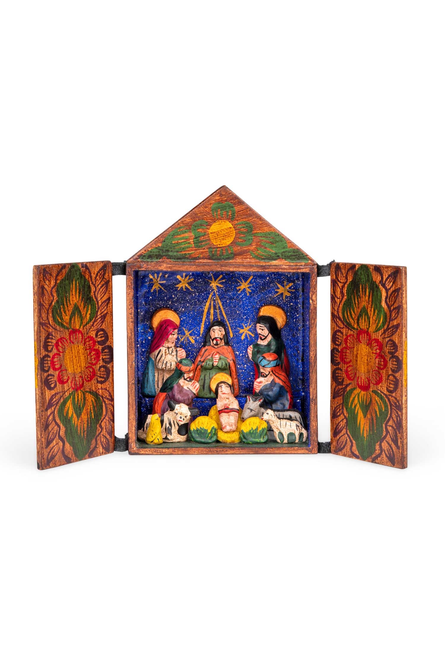 Majestic hand-painted nativity scene showing intricate details and craftsmanship.