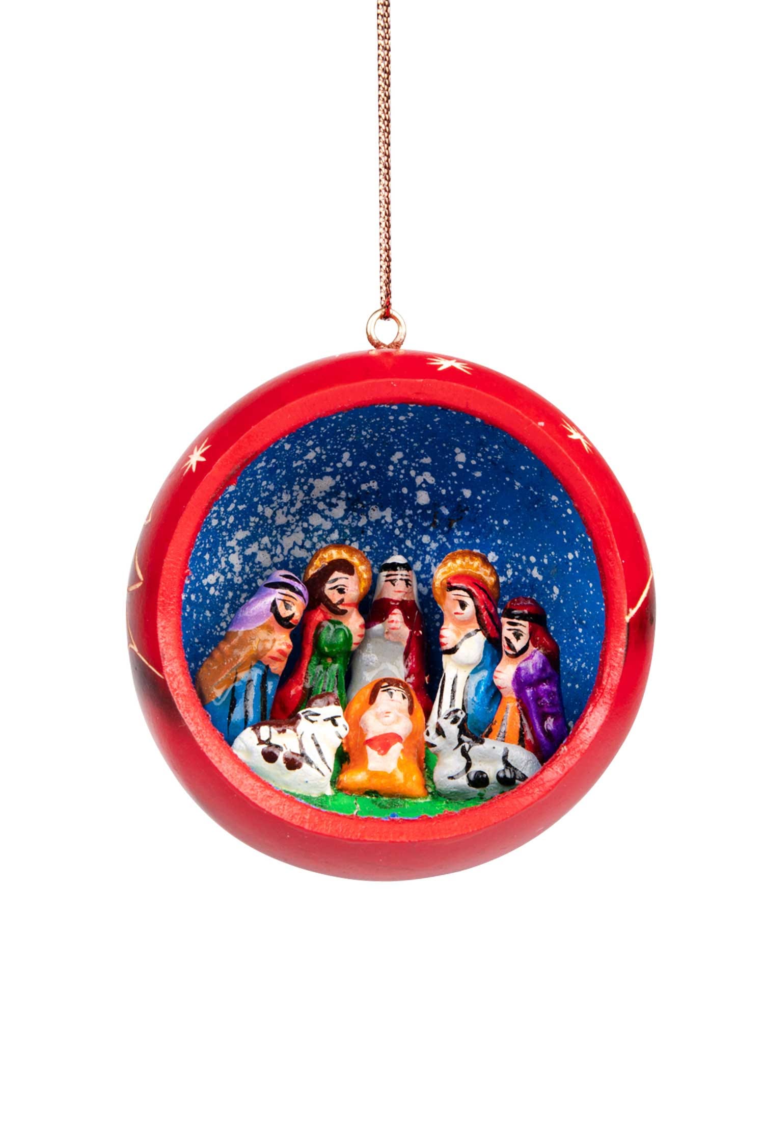 Close-up of the handcrafted woodland nativity gourd ornament showing intricate details
