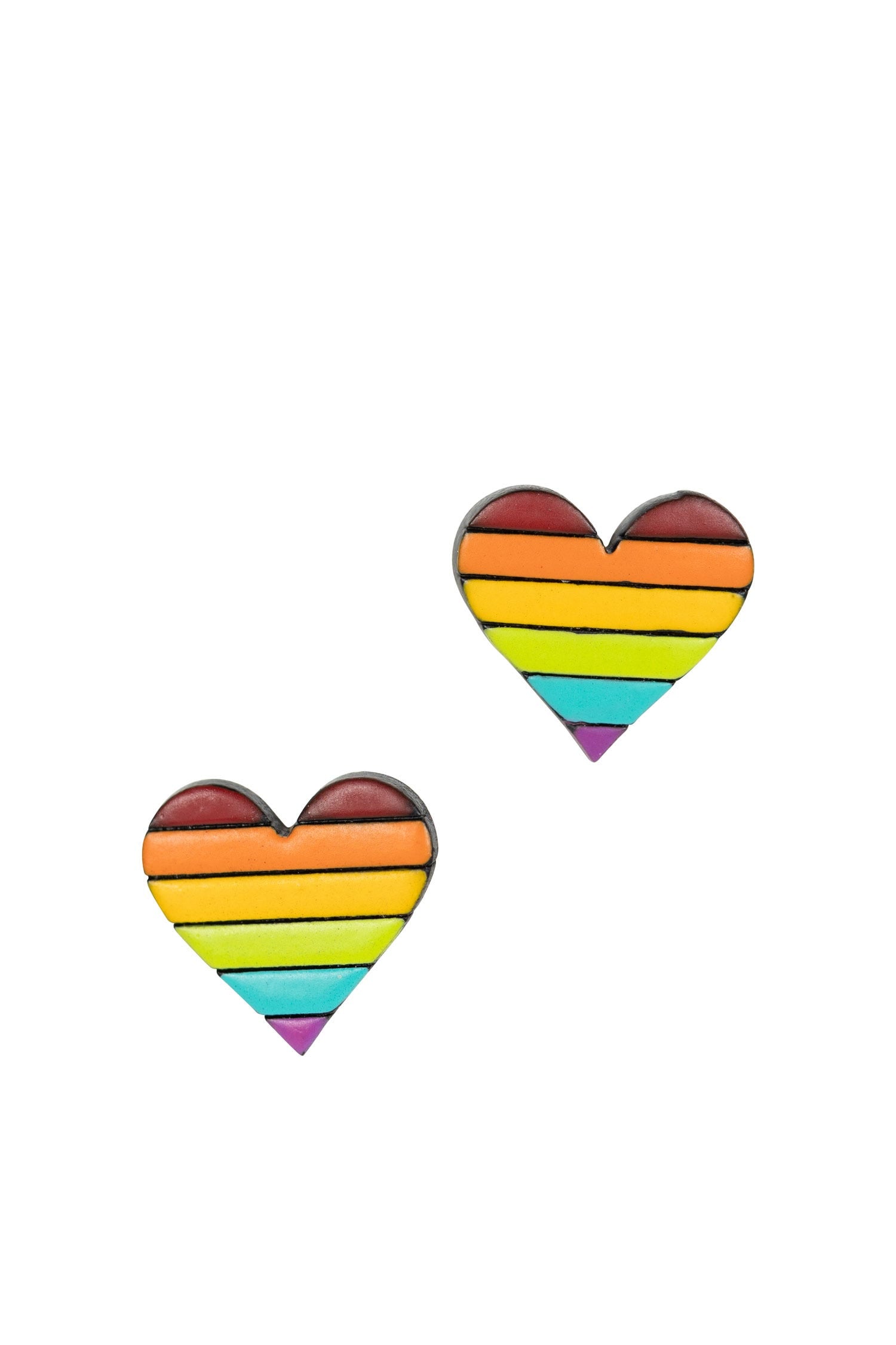 Close-up of hand-painted rainbow heart earrings on natural gourds