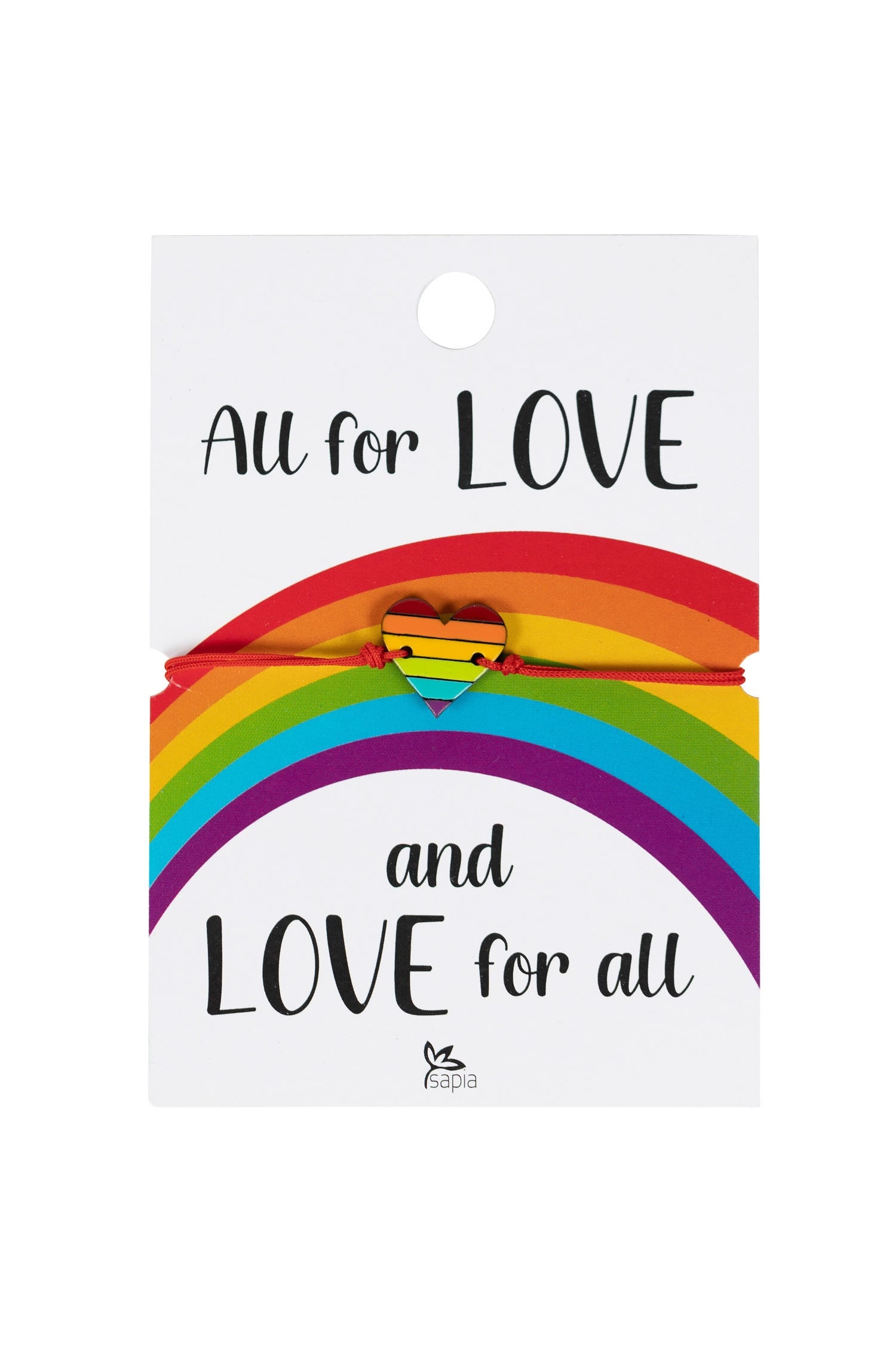 Close-up of hand-painted rainbow heart charm on red cord—a handcrafted pride bracelet made of gourd jewelry.