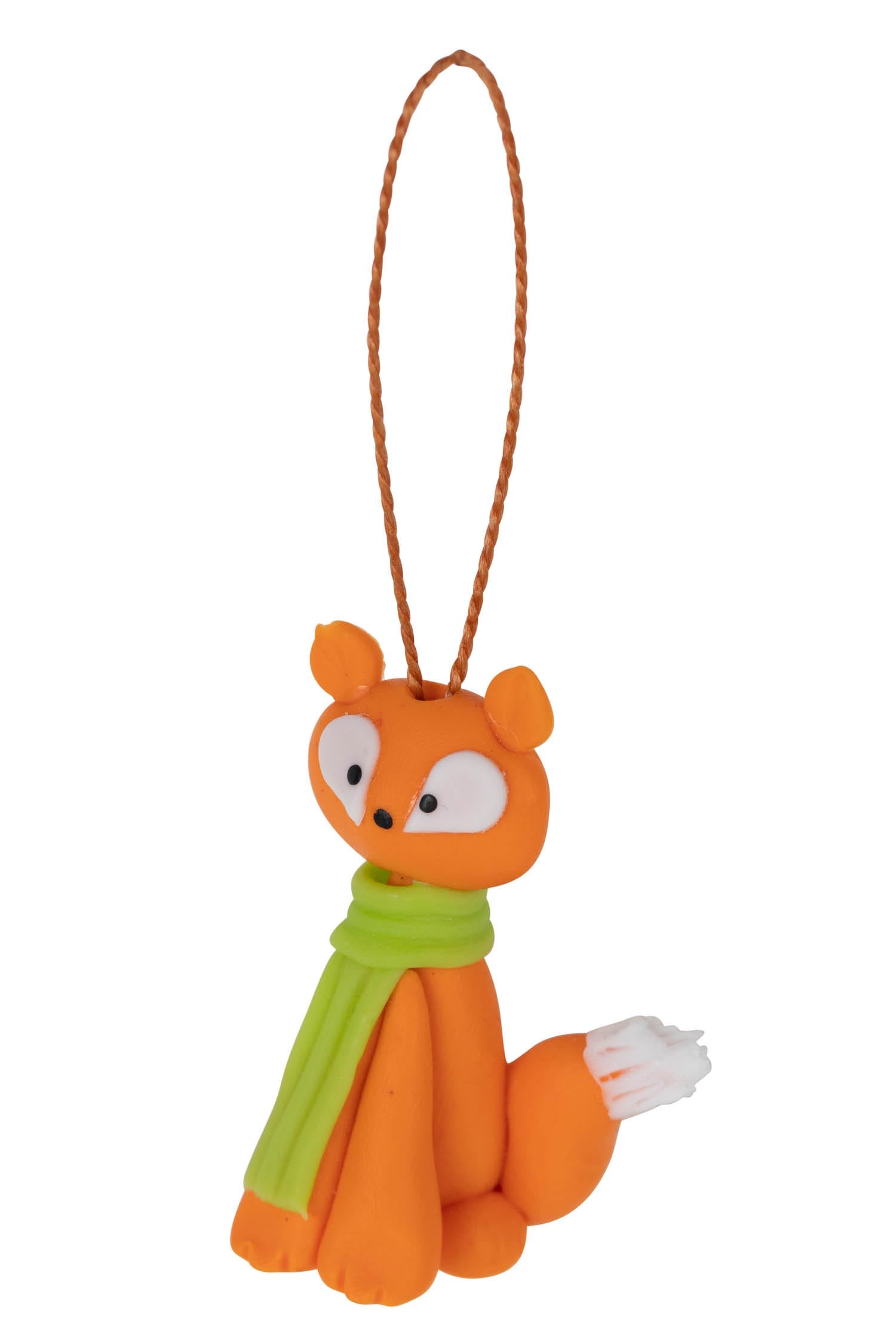 Handmade winter fox ornament hanging on Christmas tree
