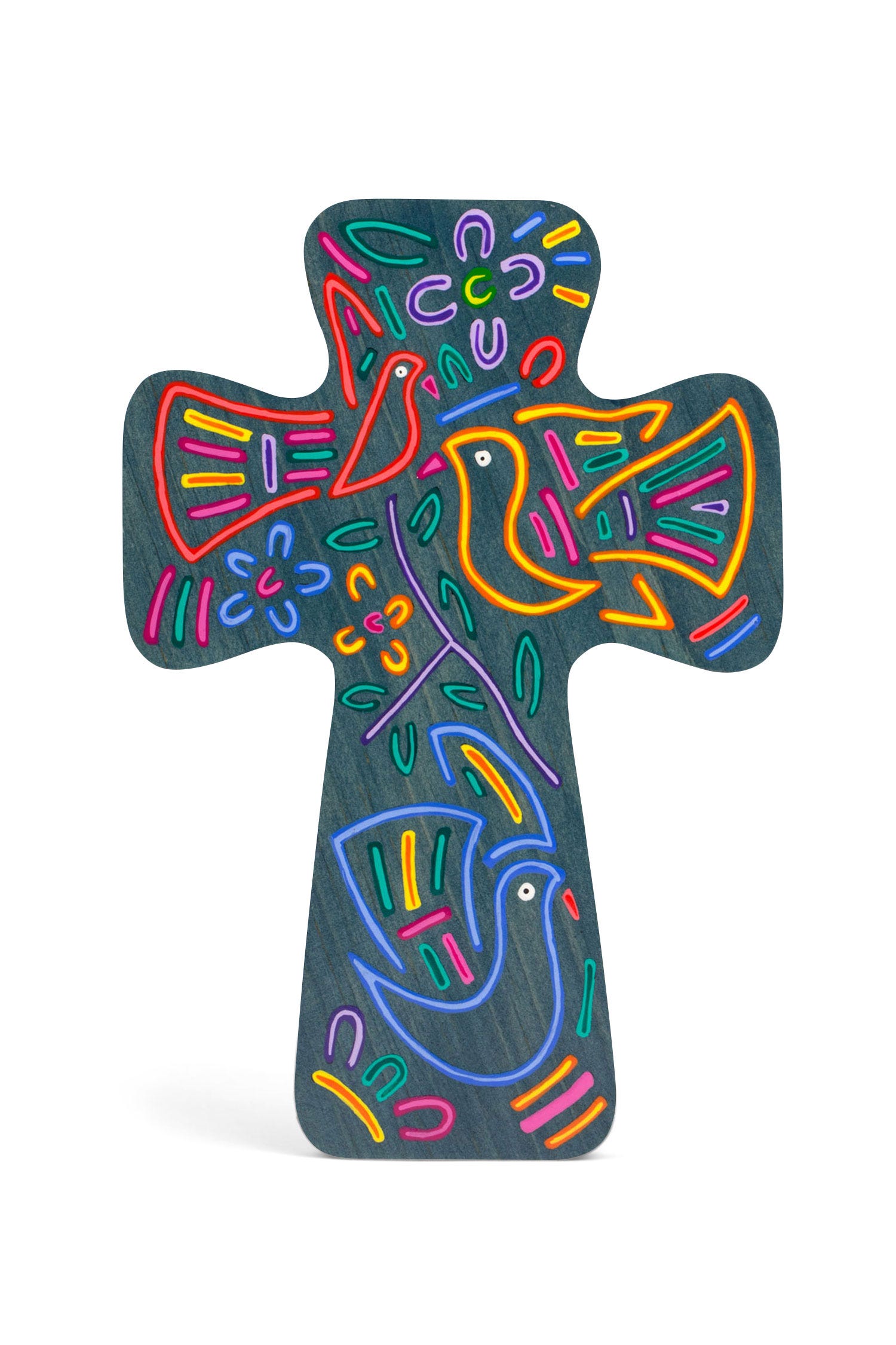 Handpainted wooden peace cross with floral designs, hanging on a wall in a living room.